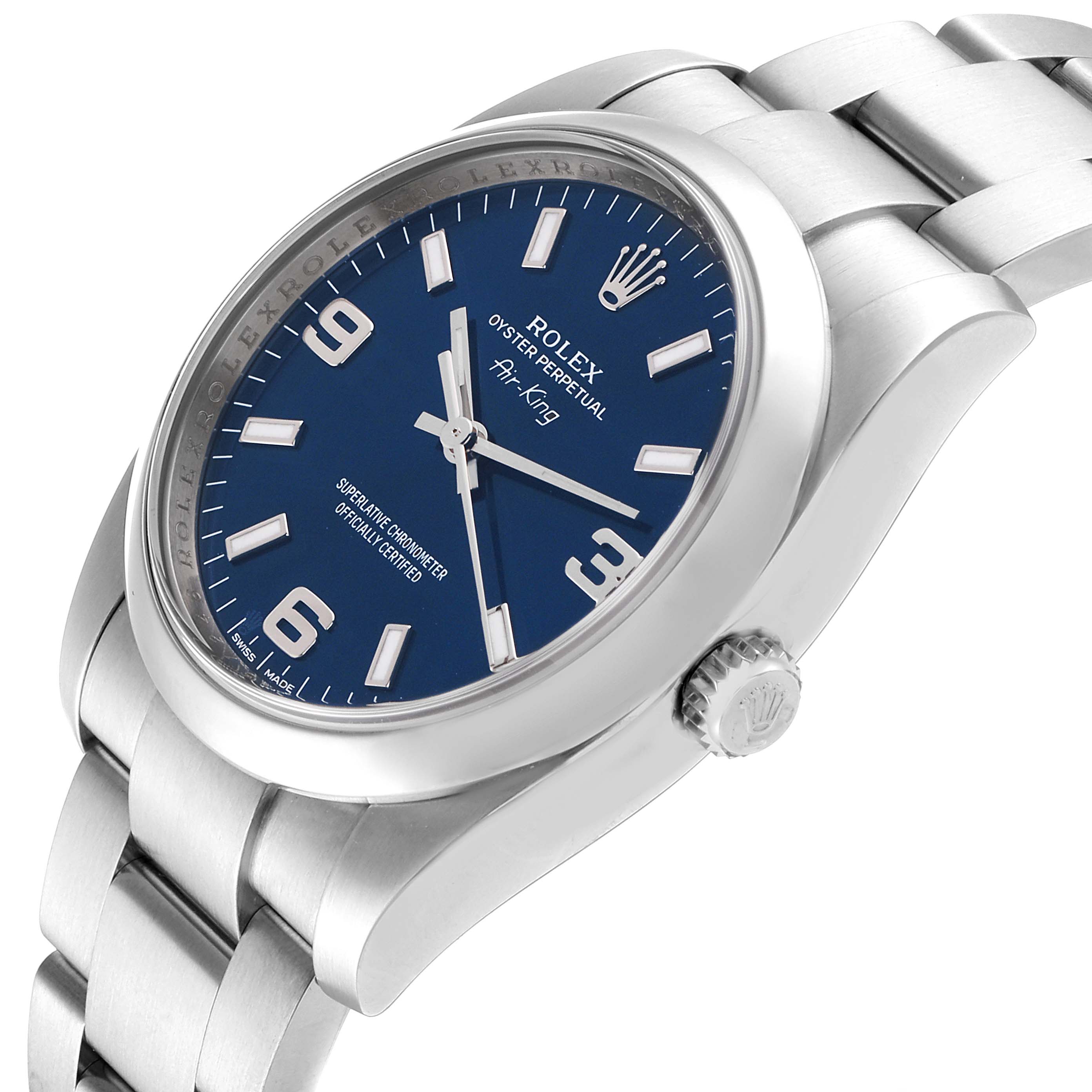 The image shows an angled view of the face, bezel, and bracelet of the Rolex Air-King 114200 Men's Stainless Steel Blue Dial 114200 Men's Stainless Steel Blue Dial watch.