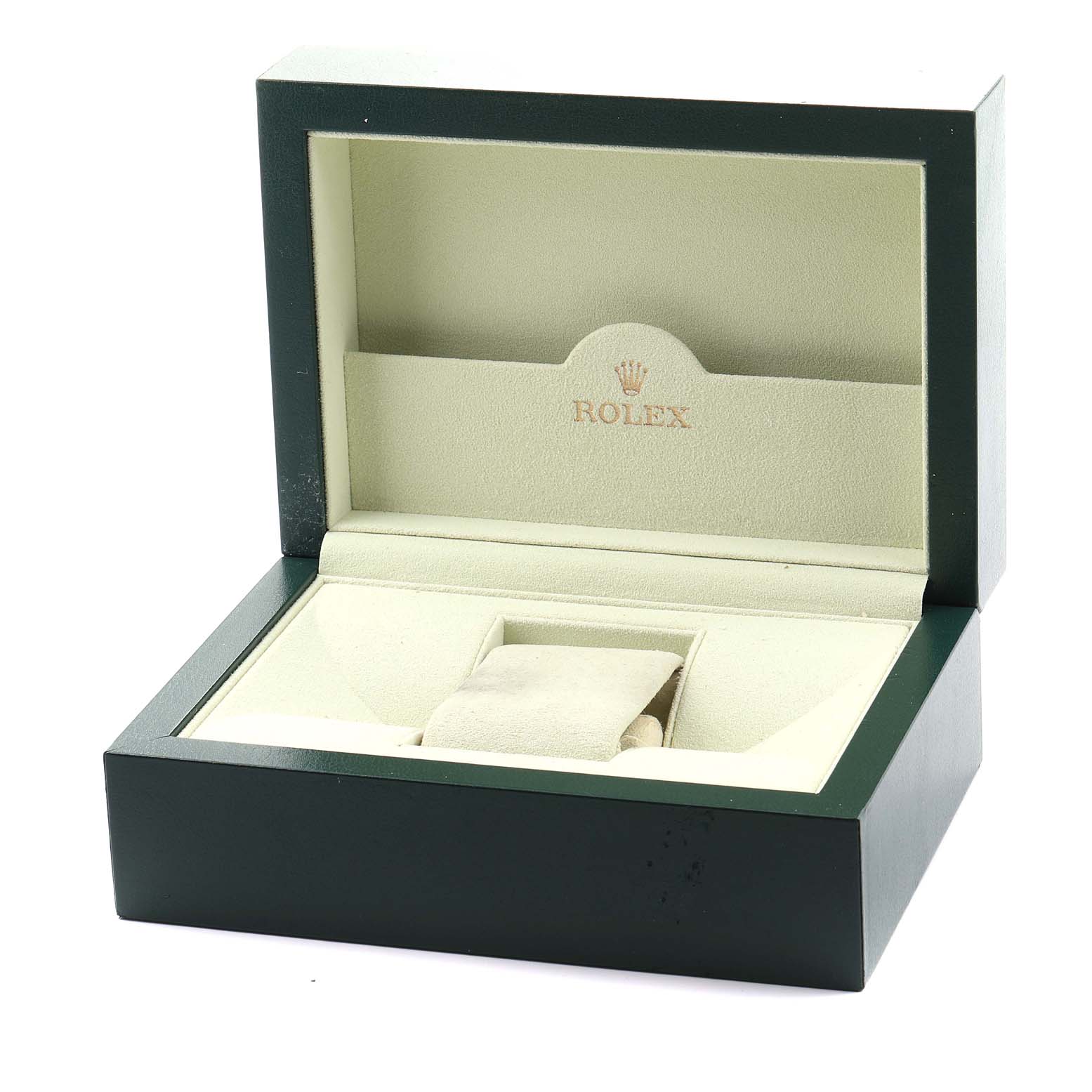 The image shows an open Rolex watch box for the Air-King model, featuring its interior compartments and logo.