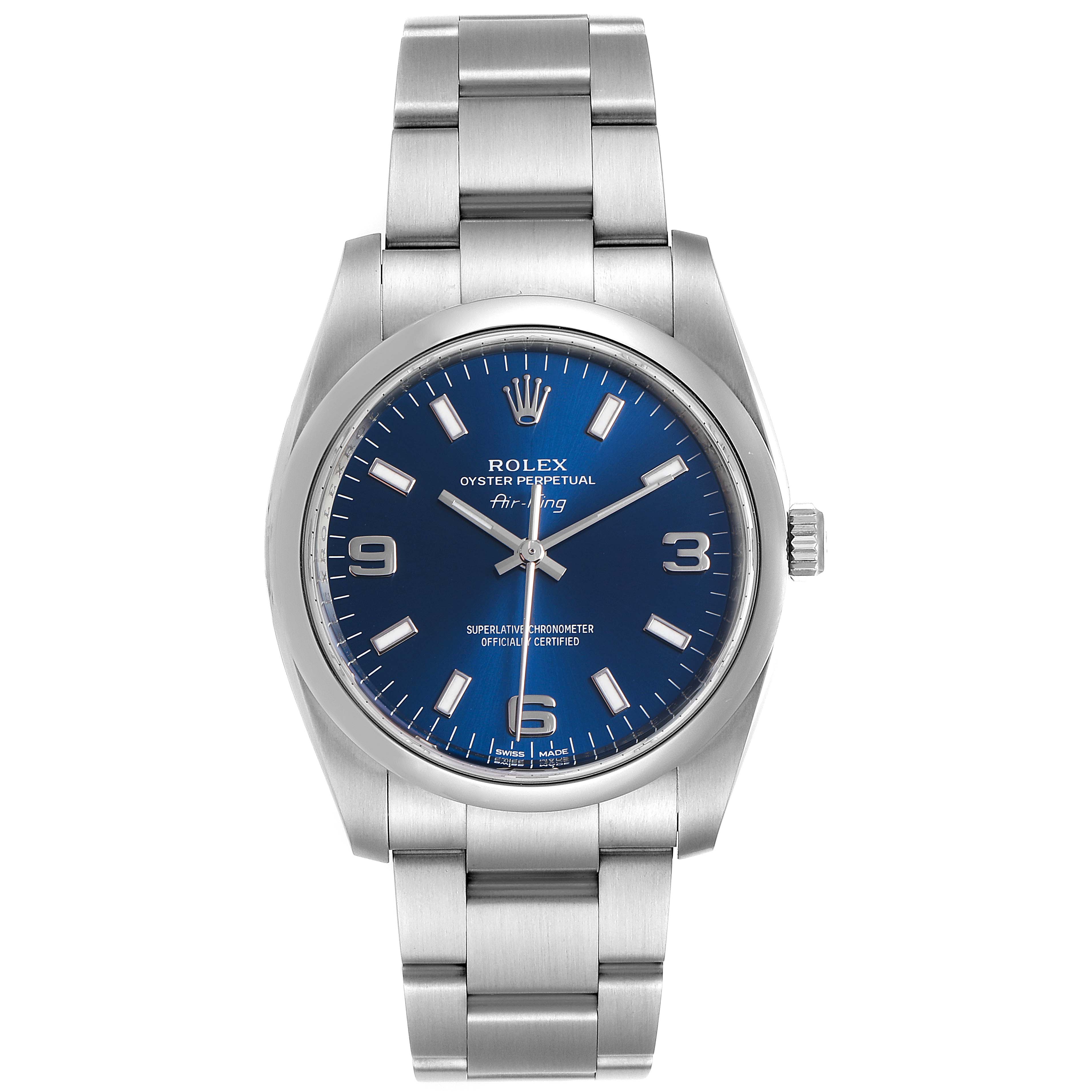 The image shows a front view of a Rolex Air-King 114200 Men's Stainless Steel Blue Dial 114200 Men's Stainless Steel Blue Dial model watch, featuring its dial, bezel, and bracelet.
