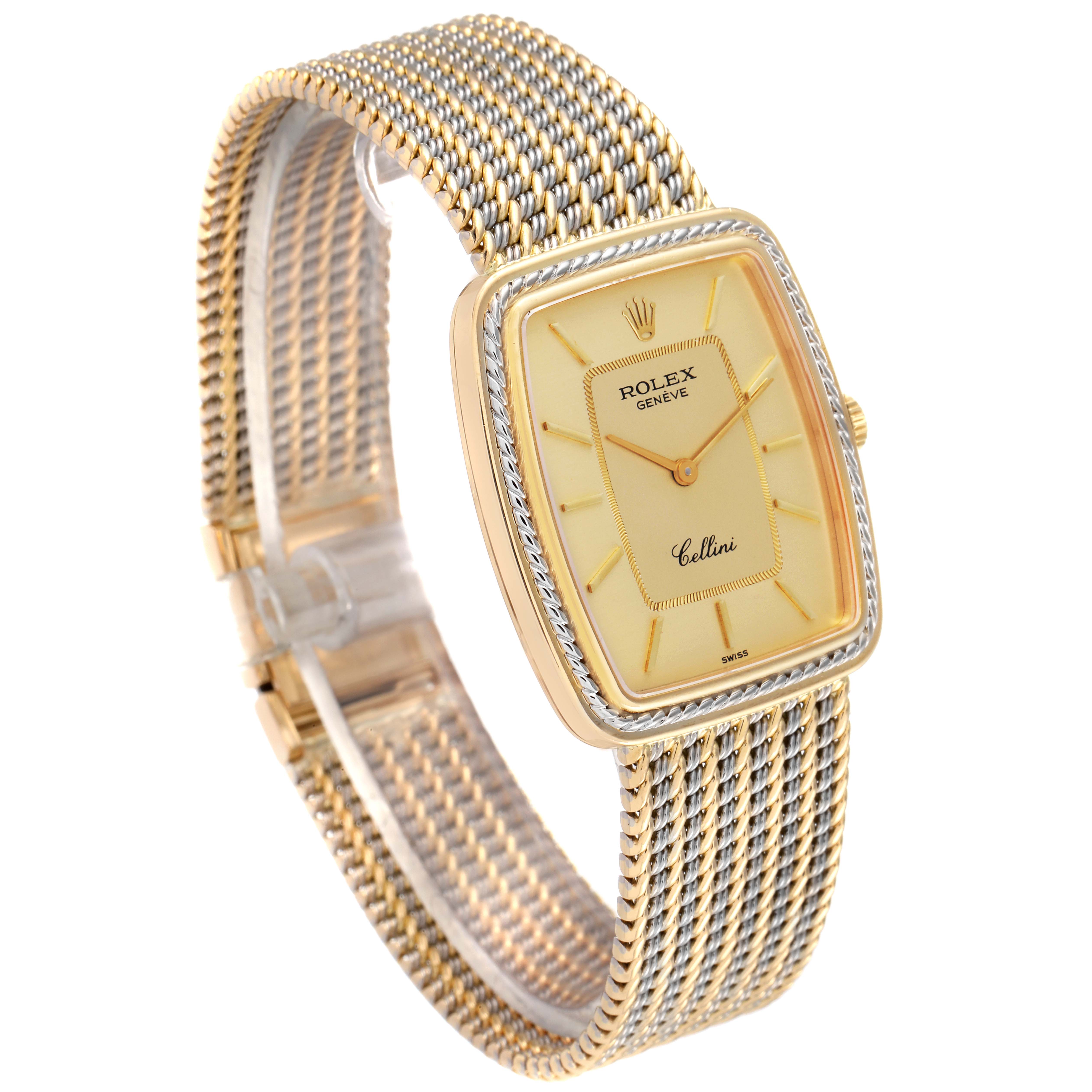This image shows a Rolex Cellini 4340 Men's Yellow Gold Champagne Dial 4340 Men's Yellow Gold Champagne Dial watch at a right-side angle, highlighting its gold mesh band and rectangular face.
