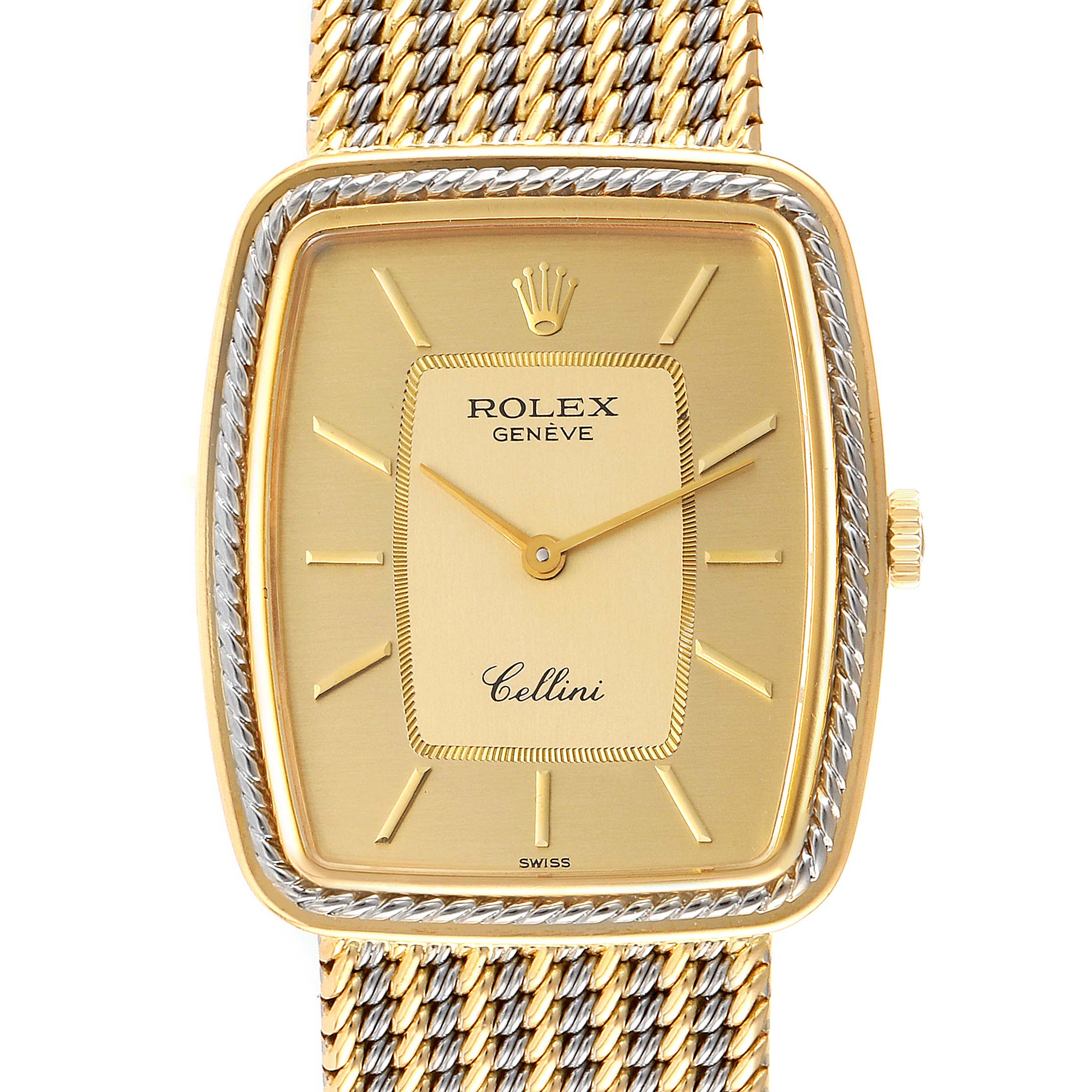 This image shows the rectangular gold face and part of the woven band of a Rolex Cellini 4340 Men's Yellow Gold Champagne Dial 4340 Men's Yellow Gold Champagne Dial watch from a straight-on angle.