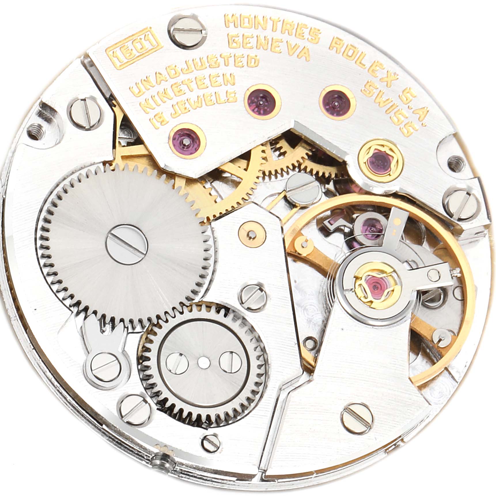 This is an overhead view of the movement of a Rolex Cellini 4340 Men's Yellow Gold Champagne Dial 4340 Men's Yellow Gold Champagne Dial watch, showcasing gears, jewels, and intricate components.