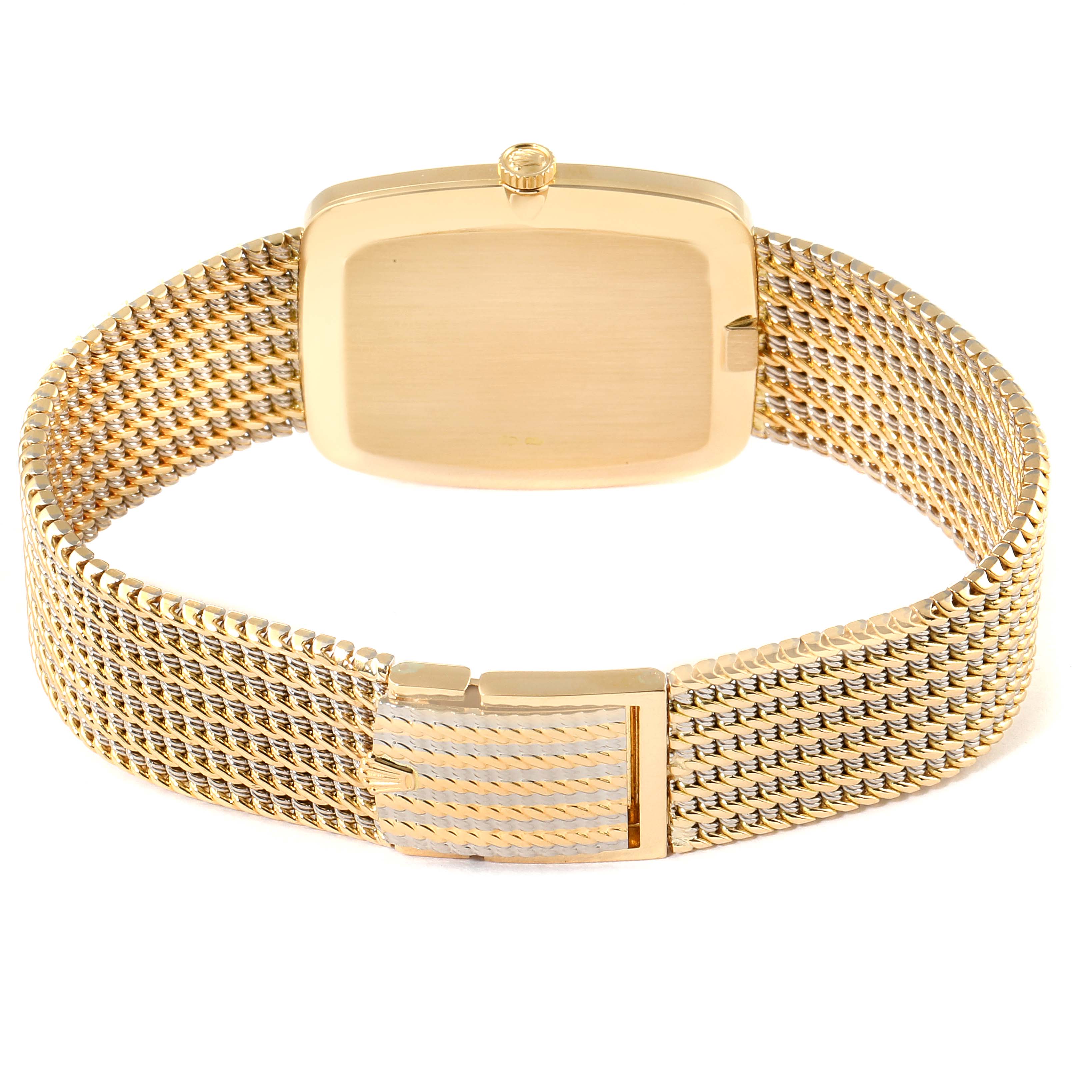 This image shows the back view of a Rolex Cellini 4340 Men's Yellow Gold Champagne Dial 4340 Men's Yellow Gold Champagne Dial watch, highlighting its gold case, crown, and mesh bracelet with clasp.