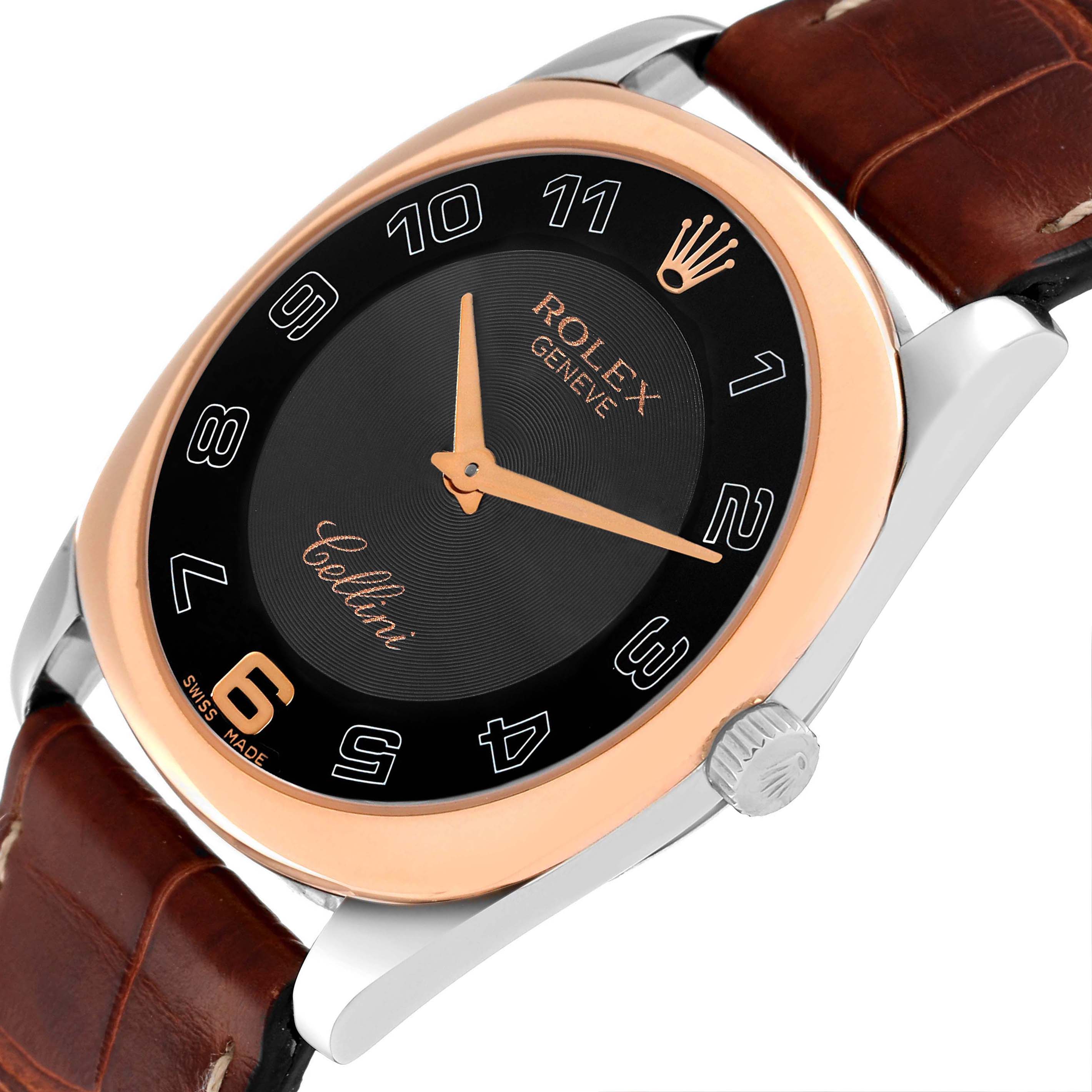 The image shows a close-up, angled view of a Rolex Cellini 4233 Men's Rose Gold Black Dial 4233 Men's Rose Gold Black Dial watch, highlighting its dial, case, crown, and leather strap.