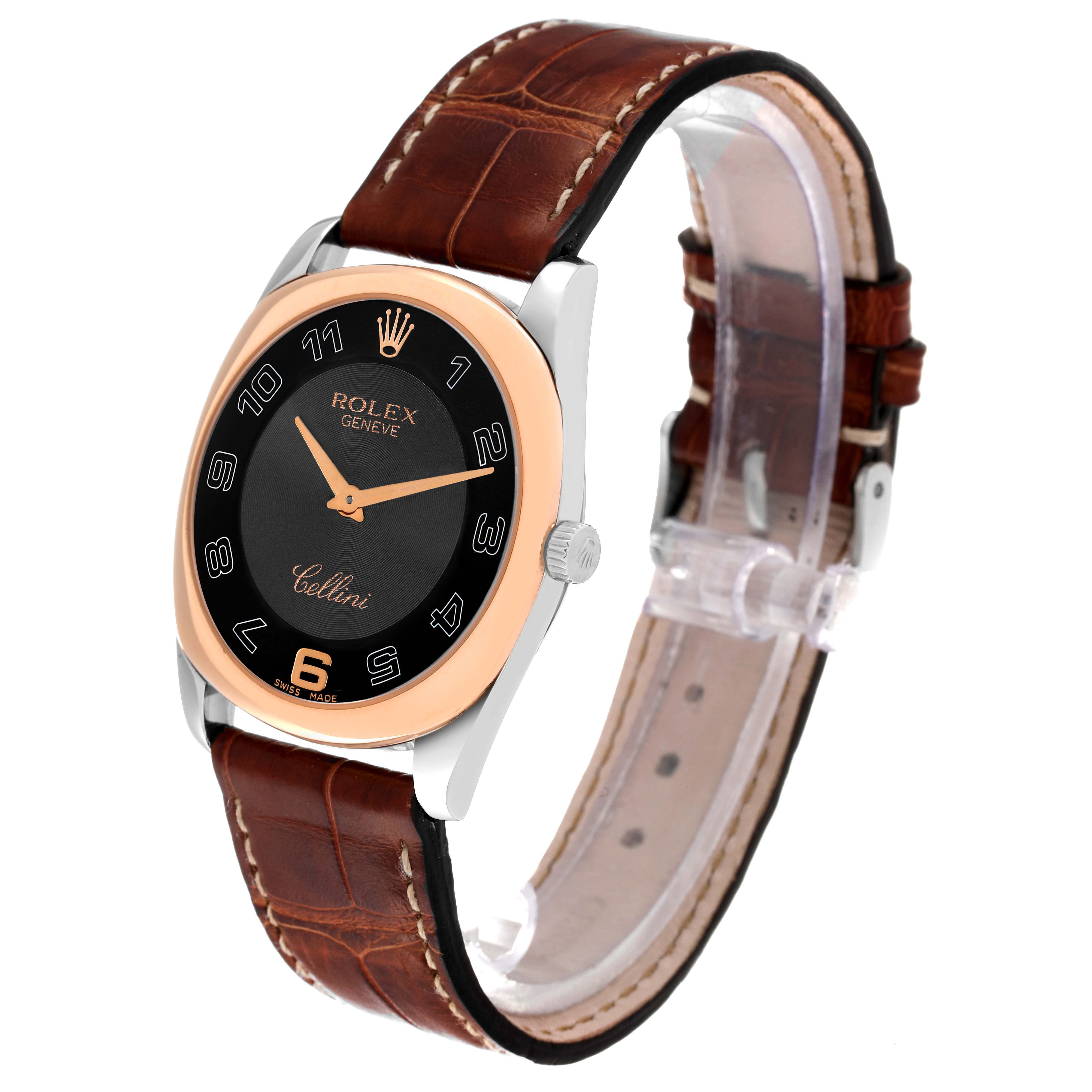 The image shows a Rolex Cellini 4233 Men's Rose Gold Black Dial 4233 Men's Rose Gold Black Dial watch at a three-quarter angle, featuring its face, case, and brown leather strap.