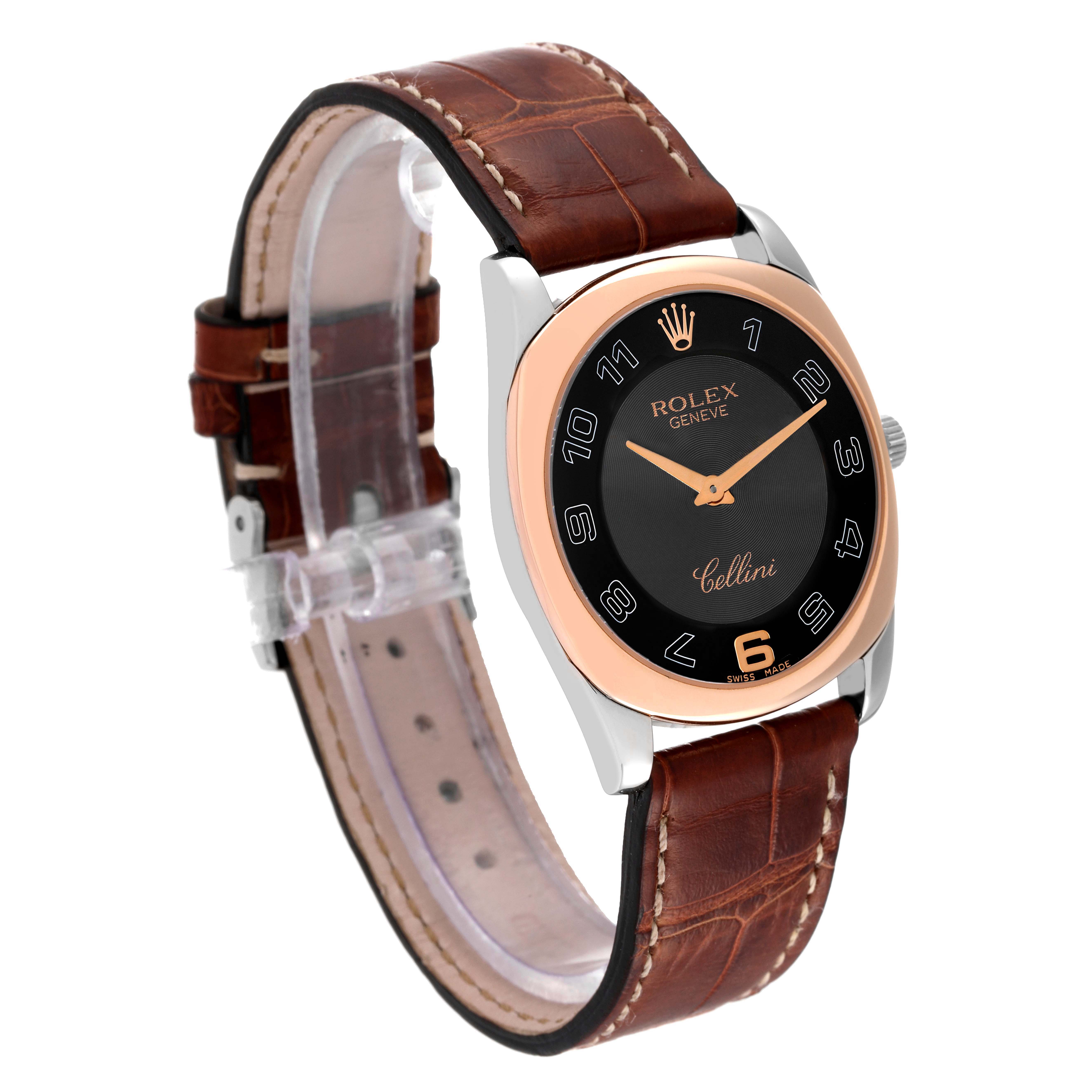 The Rolex Cellini 4233 Men's Rose Gold Black Dial 4233 Men's Rose Gold Black Dial watch is shown from a front angle, displaying its brown leather strap and black dial with rose gold accents.