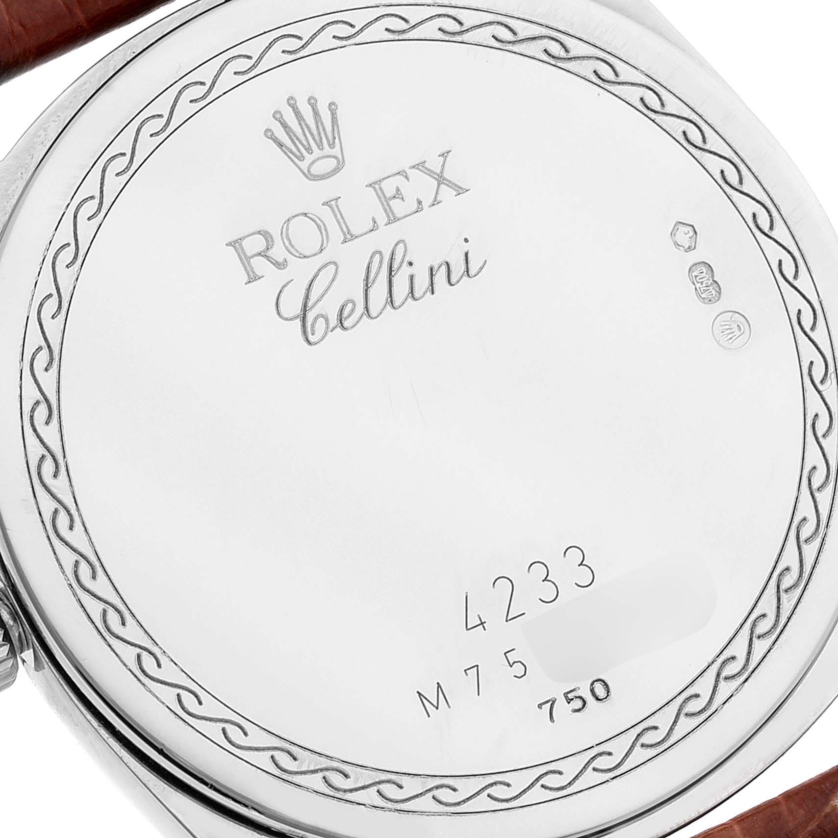 The image shows the back casing of a Rolex Cellini 4233 Men's Rose Gold Black Dial 4233 Men's Rose Gold Black Dial watch, displaying the brand logo, model name, and hallmark inscriptions.
