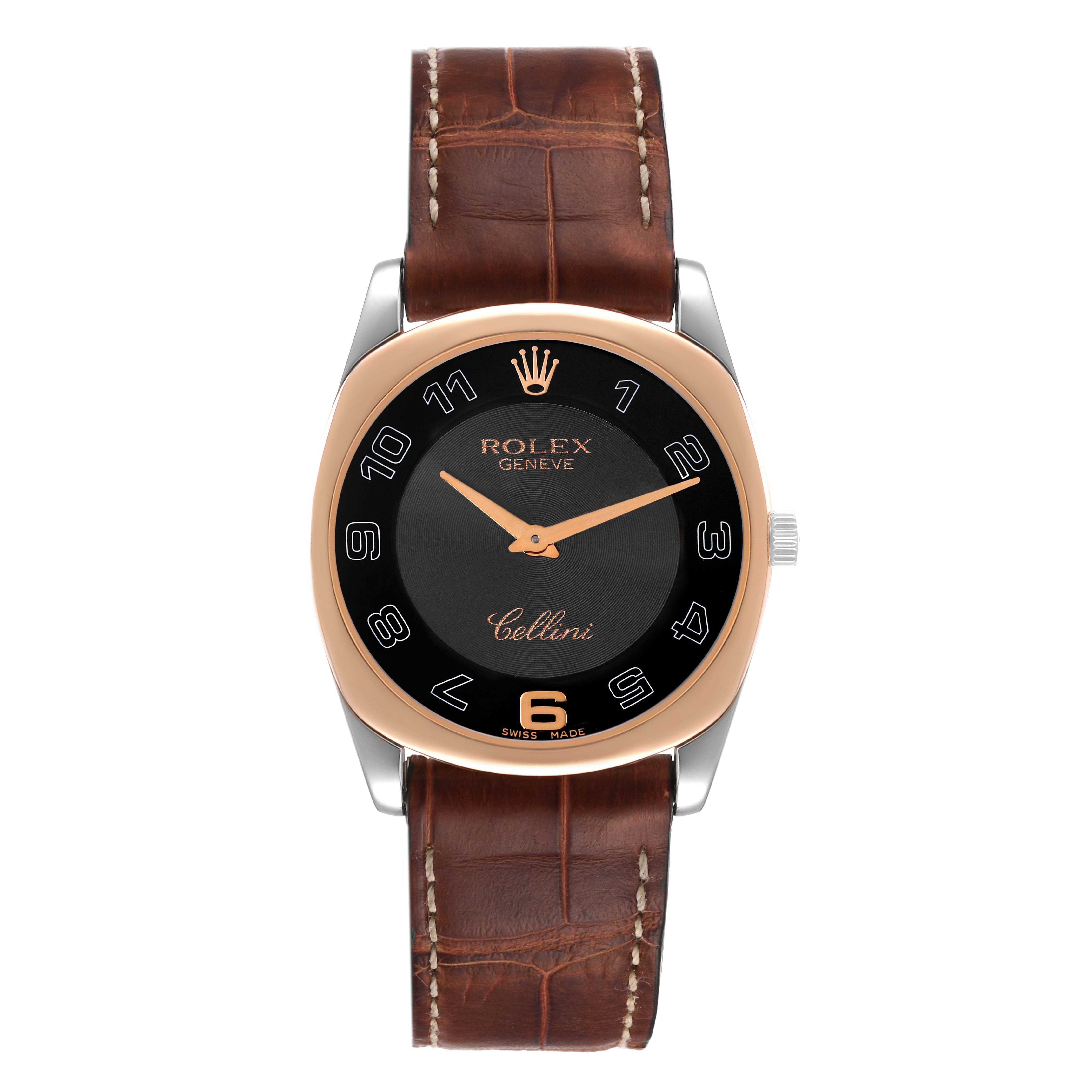 The Rolex Cellini 4233 Men's Rose Gold Black Dial 4233 Men's Rose Gold Black Dial model is shown from a front angle, displaying the dial, case, and leather strap.