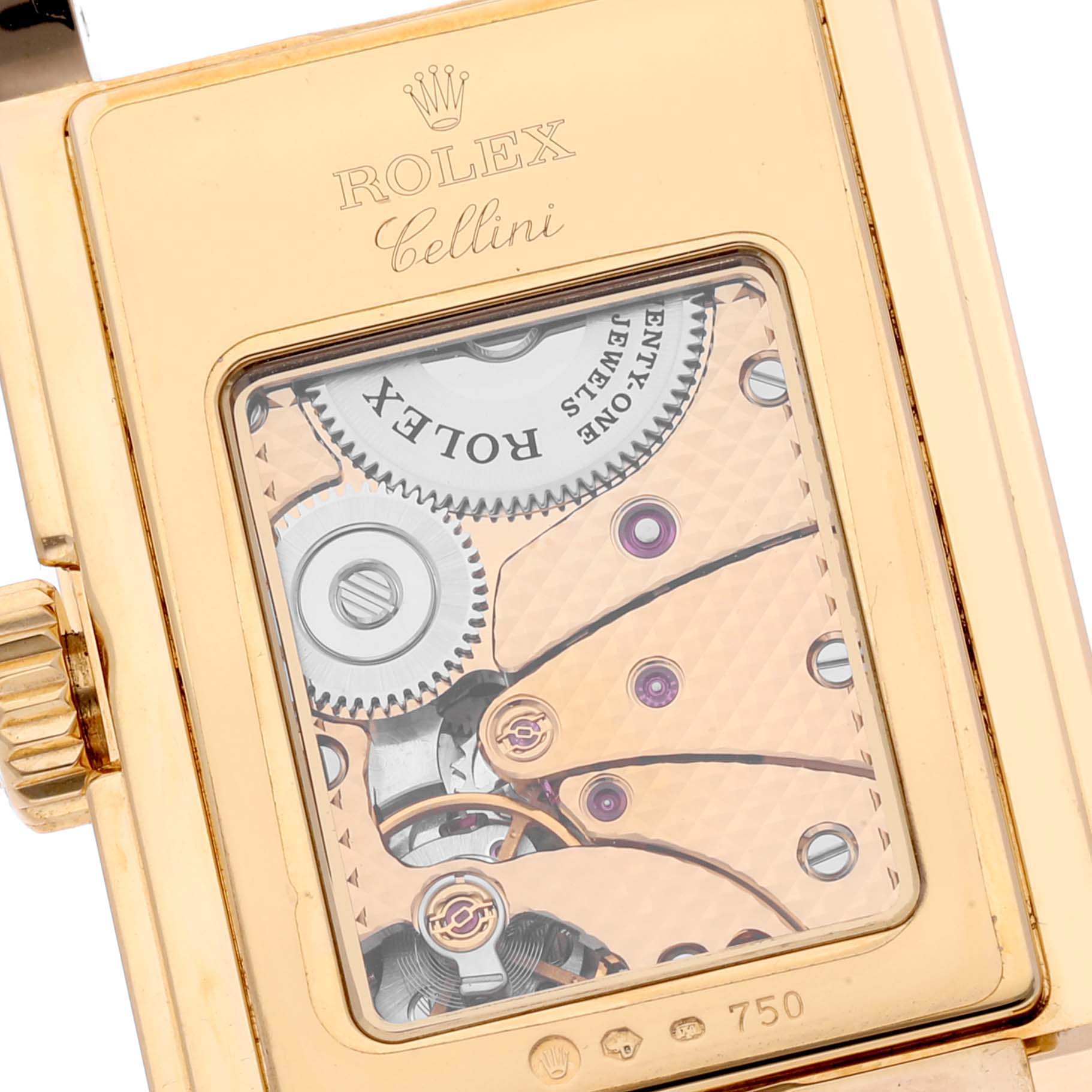 The image shows the back of a Rolex Cellini 5440/8 Men's Yellow Gold Champagne Dial 5440/8 Men's Yellow Gold Champagne Dial watch, highlighting its internal mechanical movement.