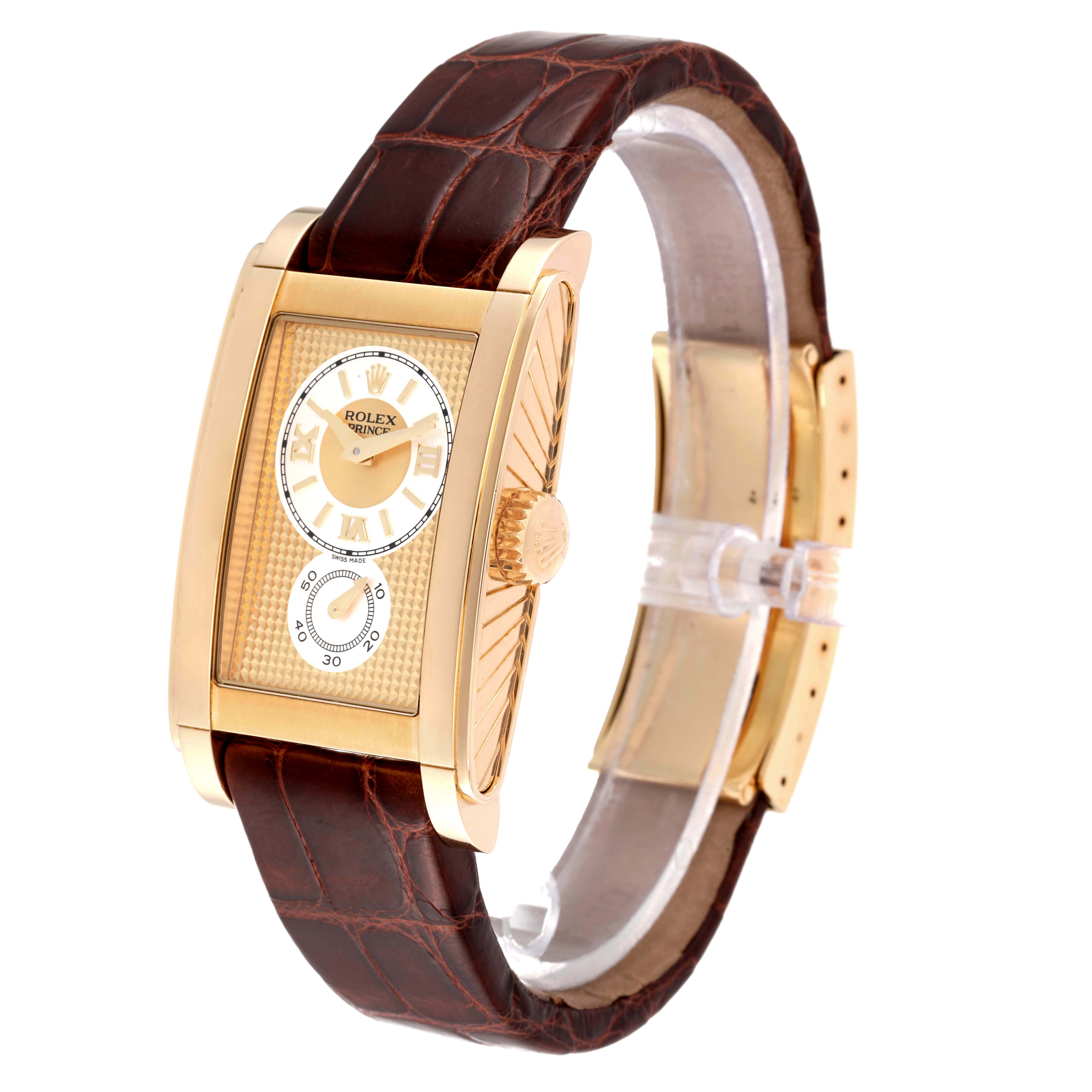 The image shows a Rolex Cellini 5440/8 Men's Yellow Gold Champagne Dial 5440/8 Men's Yellow Gold Champagne Dial watch angled to display the face, crown, and brown leather strap.