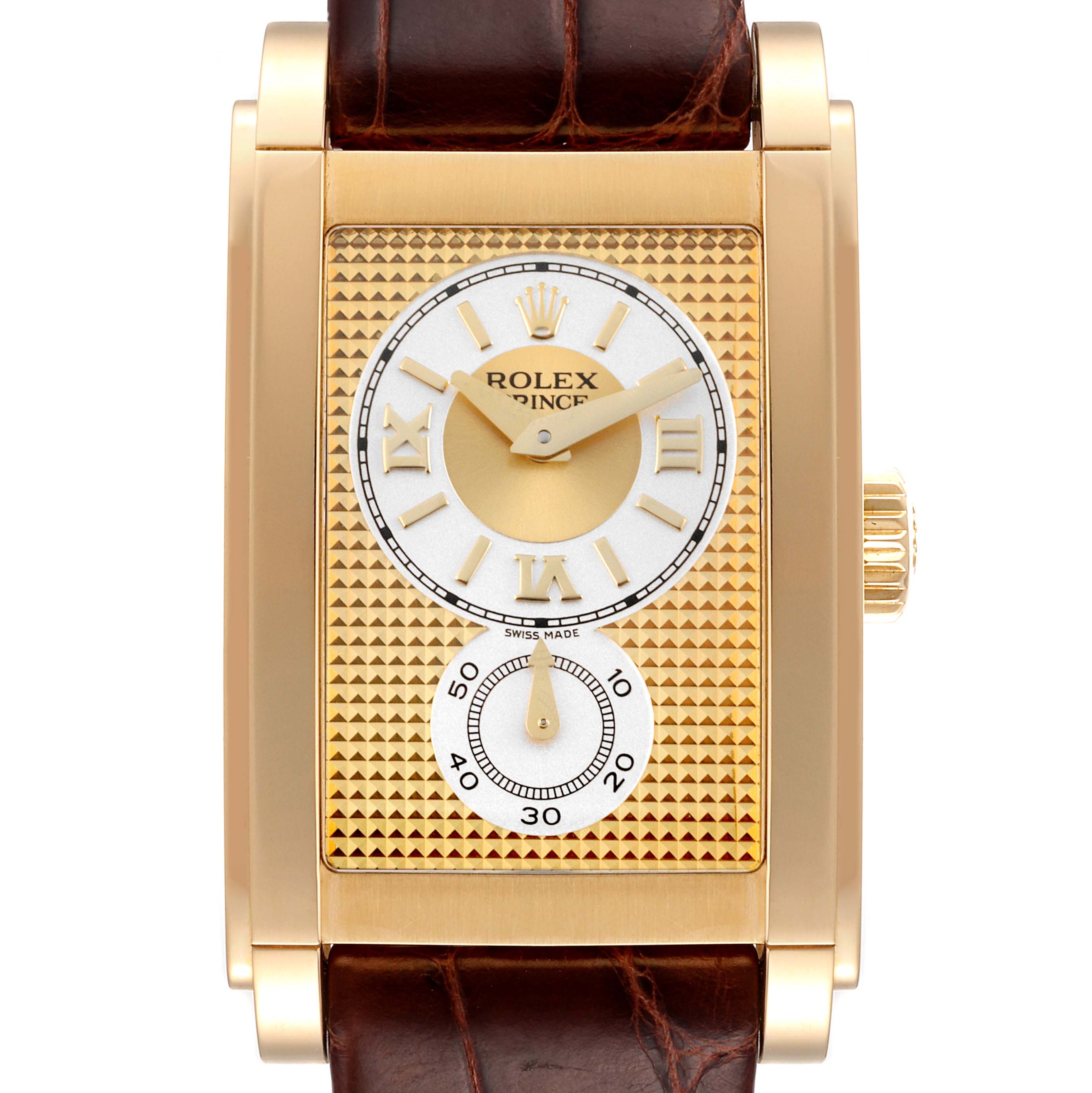 The image shows a frontal view of a Rolex Cellini 5440/8 Men's Yellow Gold Champagne Dial 5440/8 Men's Yellow Gold Champagne Dial Prince watch, including its dial, gold case, and brown leather strap.