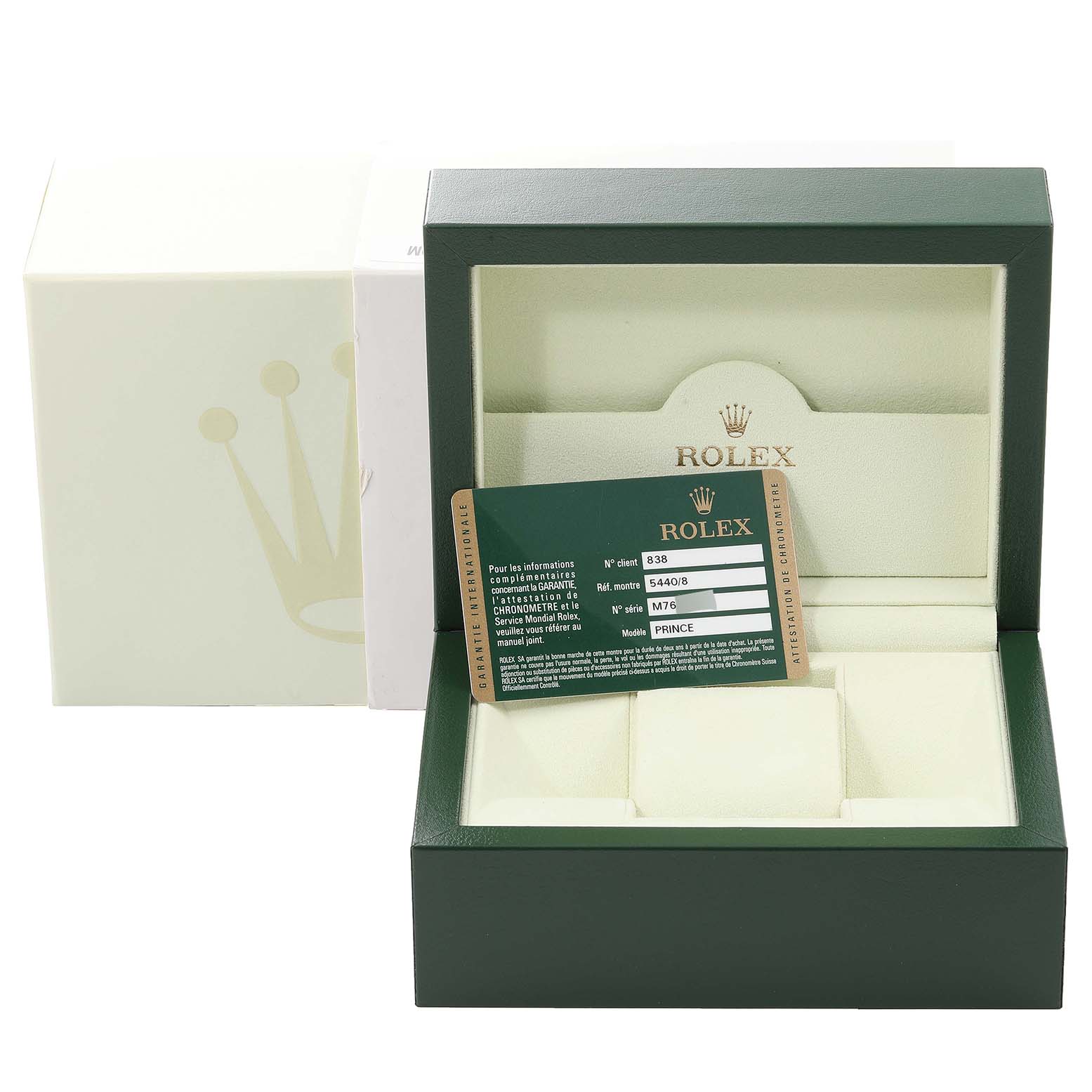 The image shows an open box and authenticity card for a Rolex Cellini 5440/8 Men's Yellow Gold Champagne Dial 5440/8 Men's Yellow Gold Champagne Dial model watch.