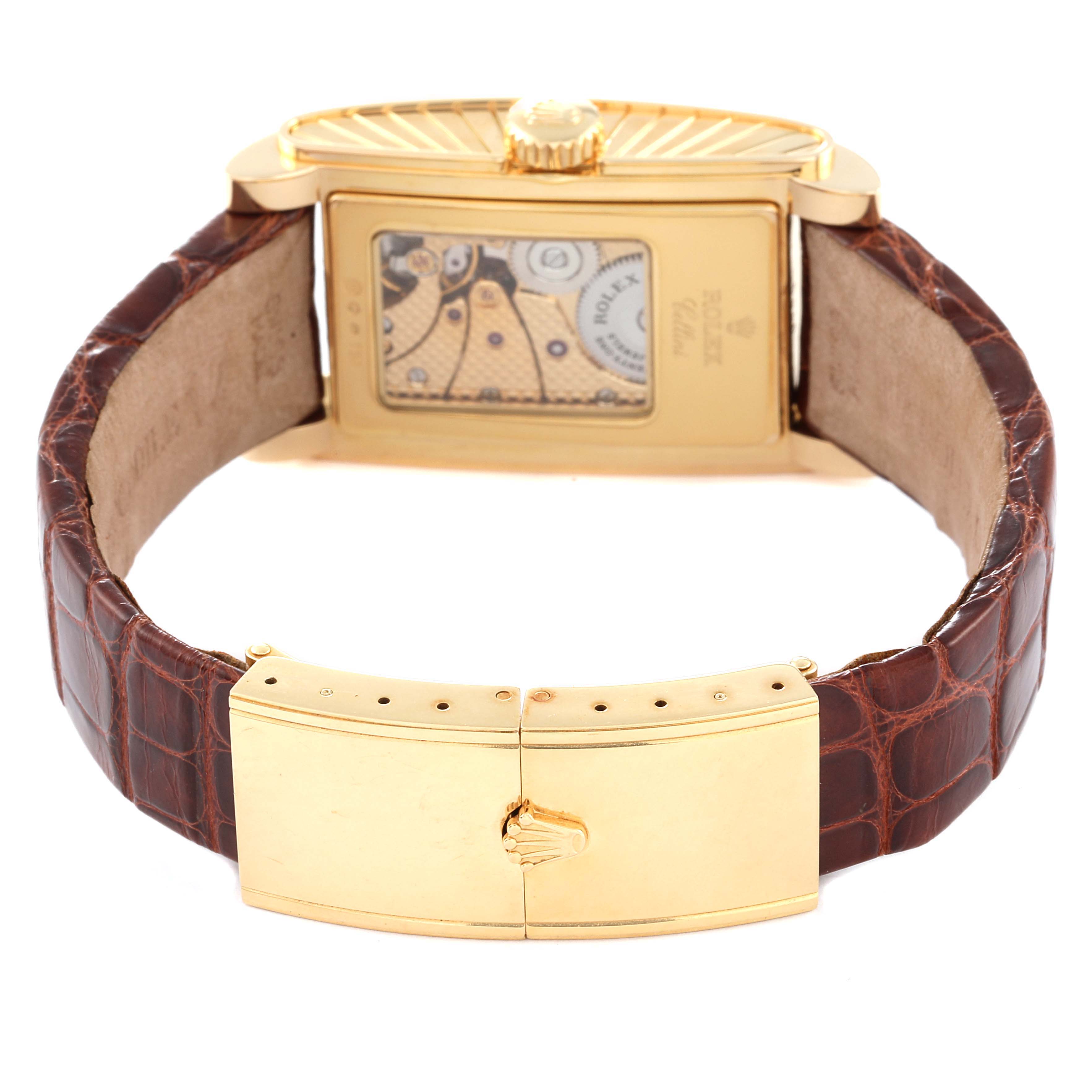 The image shows the back and strap of a Rolex Cellini 5440/8 Men's Yellow Gold Champagne Dial 5440/8 Men's Yellow Gold Champagne Dial watch, displaying its gold clasp and movement through the transparent case back.