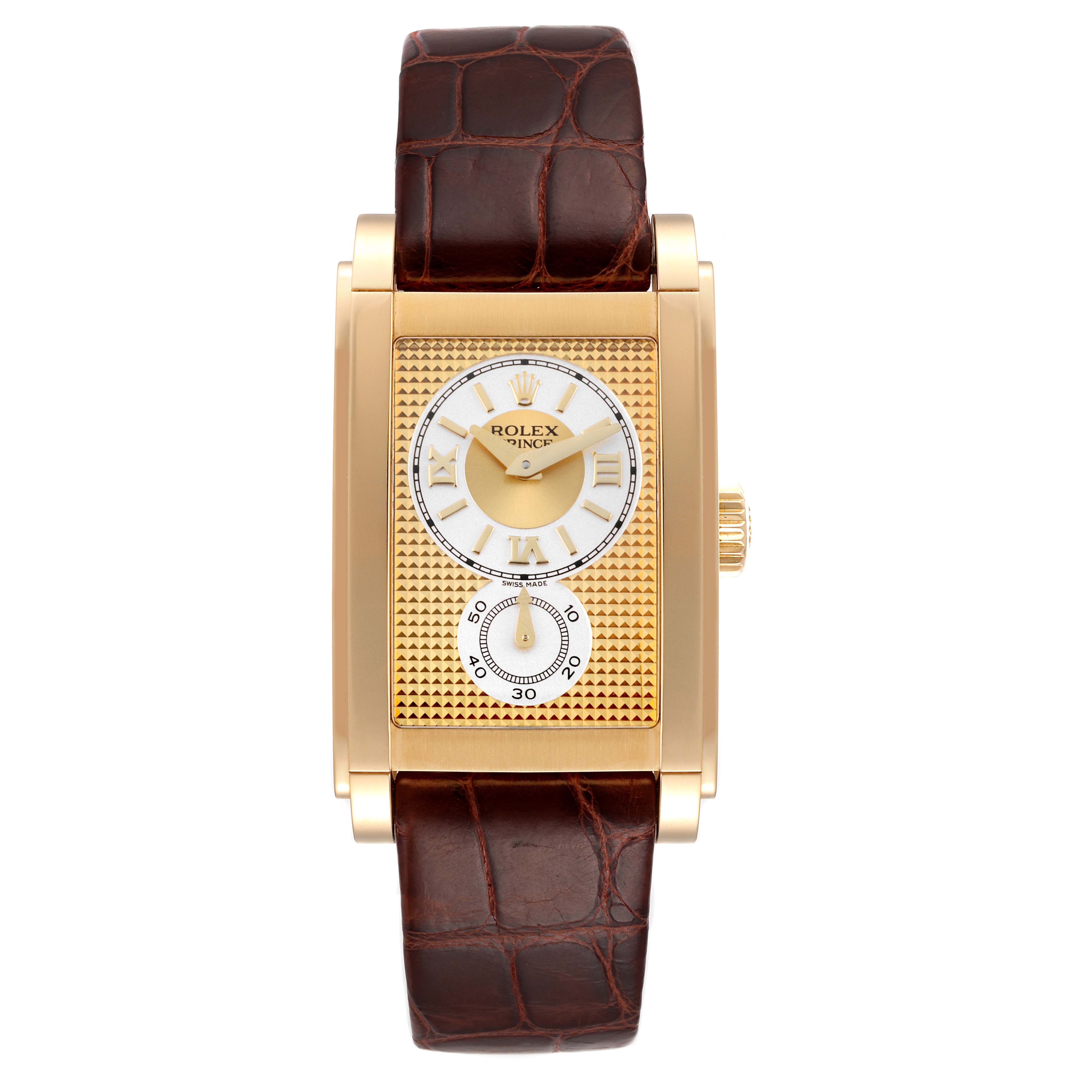 The watch is a Rolex Cellini 5440/8 Men's Yellow Gold Champagne Dial 5440/8 Men's Yellow Gold Champagne Dial, displayed from the front, showcasing the dial, case, and brown leather strap.