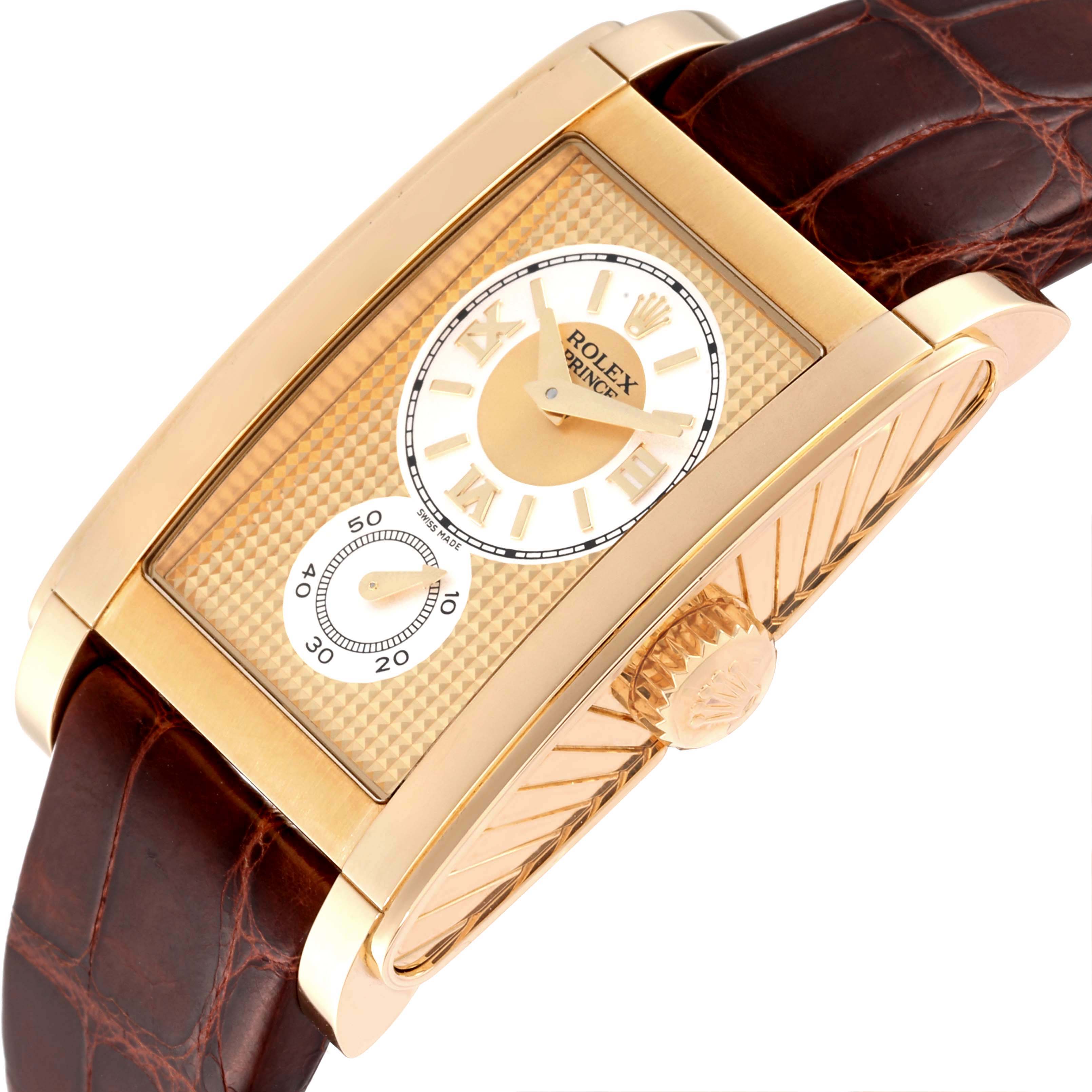 The image shows a gold-toned Rolex Cellini 5440/8 Men's Yellow Gold Champagne Dial 5440/8 Men's Yellow Gold Champagne Dial watch at an angled top-down view, highlighting the rectangular dial, crown, and leather strap.