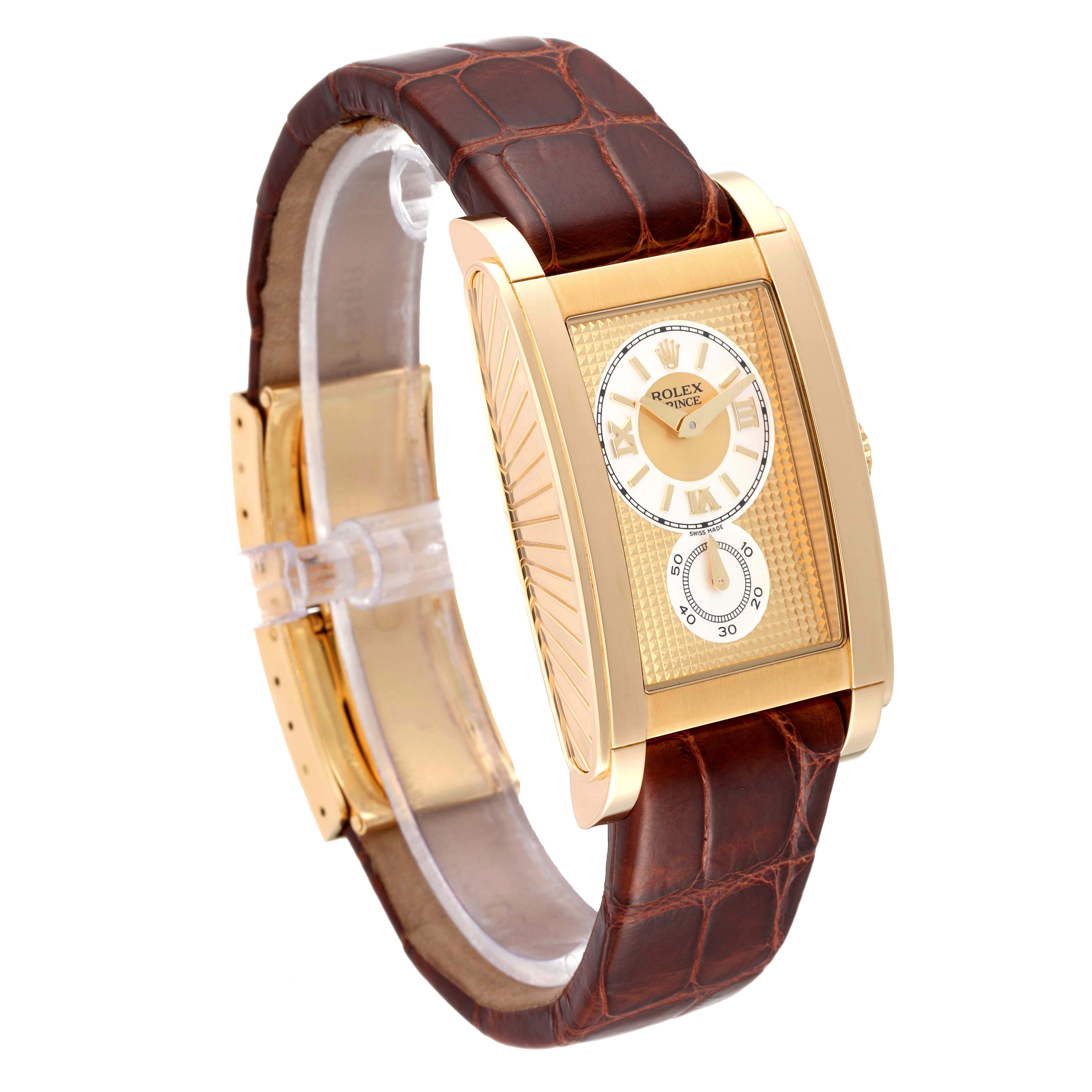 The Rolex Cellini 5440/8 Men's Yellow Gold Champagne Dial 5440/8 Men's Yellow Gold Champagne Dial model is shown at a three-quarter angle, highlighting its gold case, brown leather strap, and intricate dial details.