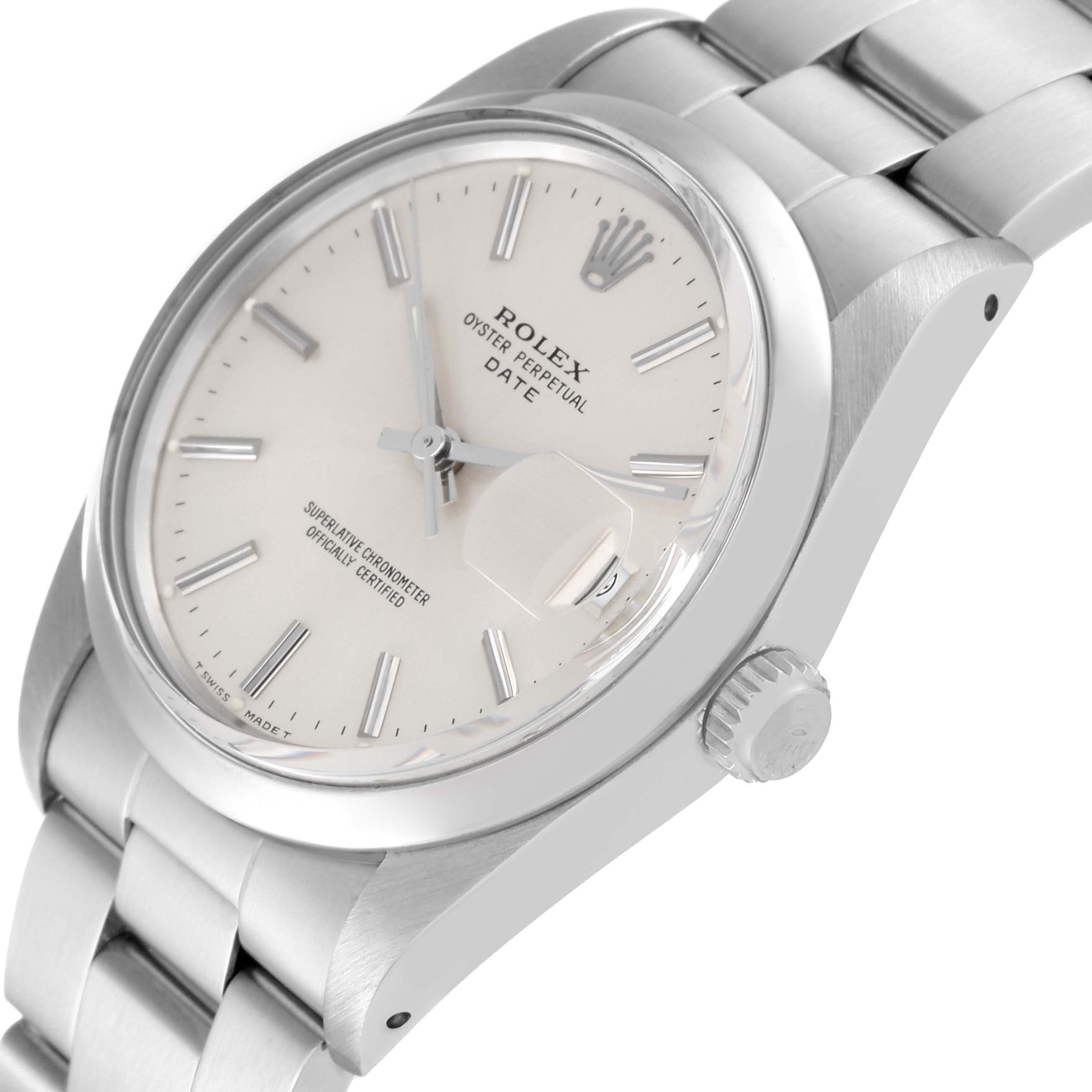 The Rolex Date 15000 Men's Stainless Steel Silver Dial 15000 Men's Stainless Steel Silver Dial model watch is shown at an angle displaying the face, crown, and part of the bracelet.