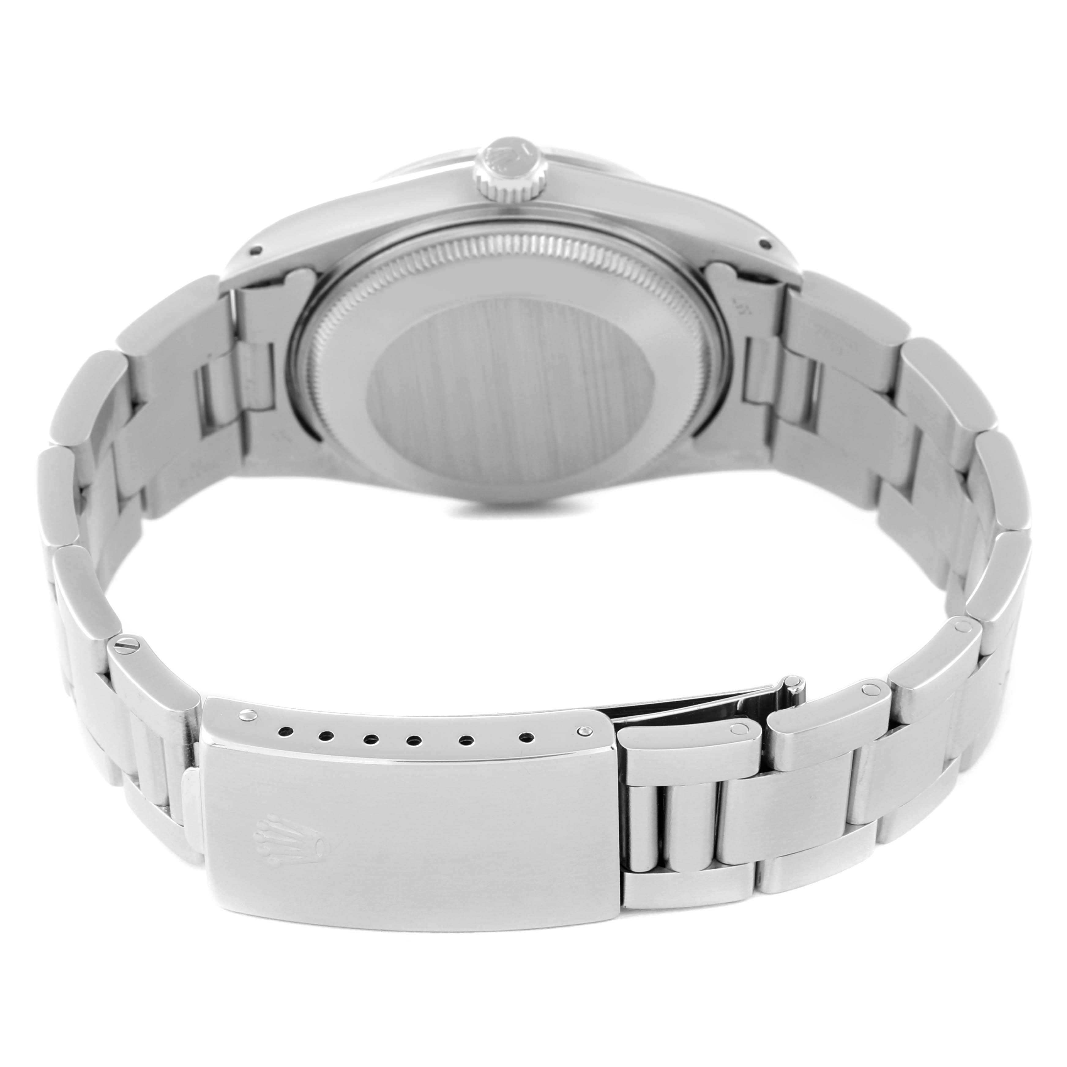 This image shows the back case and clasp of a Rolex Date 15000 Men's Stainless Steel Silver Dial 15000 Men's Stainless Steel Silver Dial model watch at a rear angle.