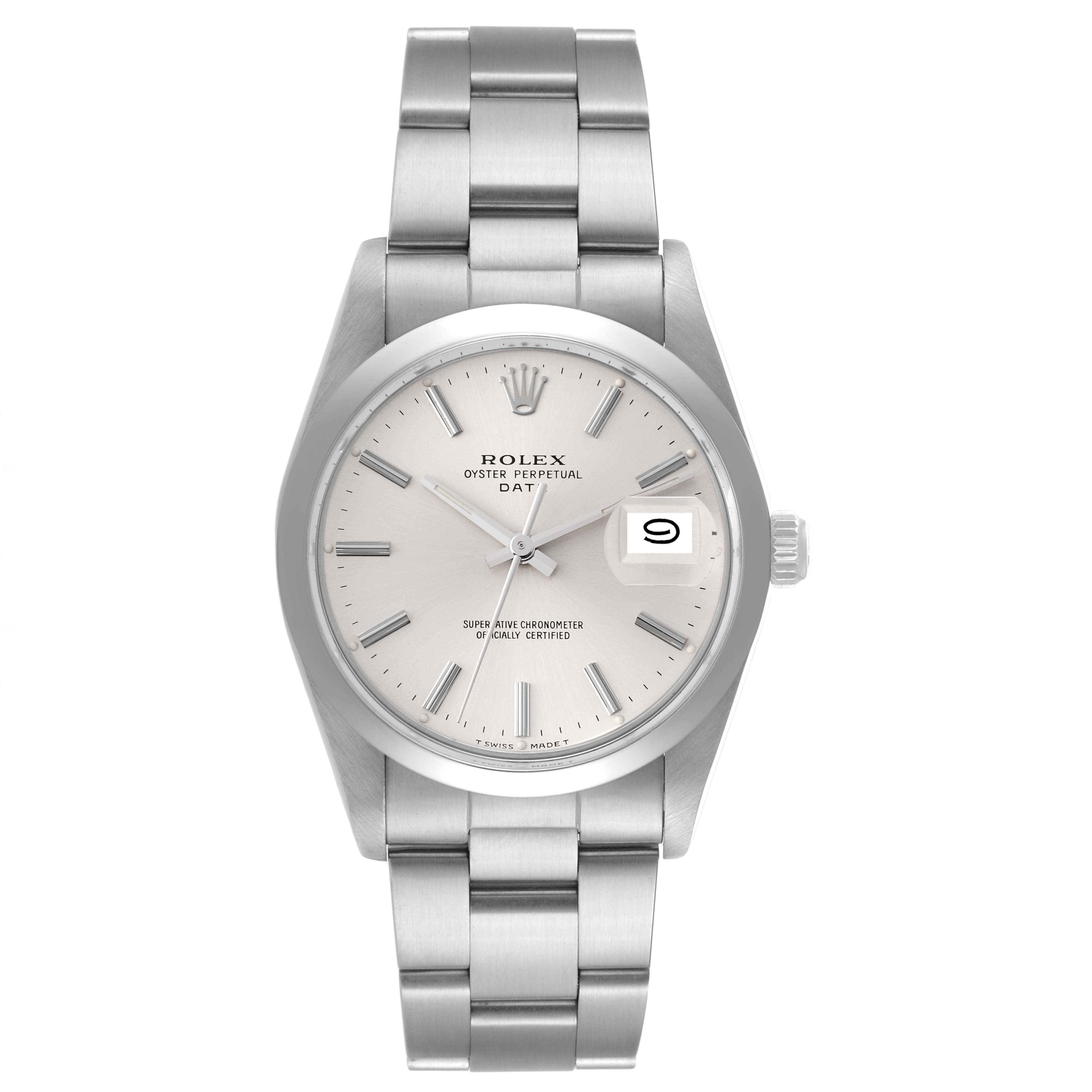 This image shows a front view of a Rolex Date 15000 Men's Stainless Steel Silver Dial 15000 Men's Stainless Steel Silver Dial model watch, highlighting its face, dial, bracelet, and date window.