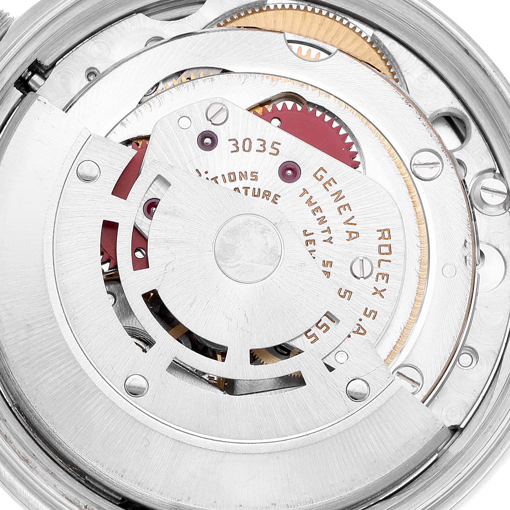 This image shows the intricate internal movement of a Rolex Date 15000 Men's Stainless Steel Silver Dial 15000 Men's Stainless Steel Silver Dial model watch, viewed from the back.