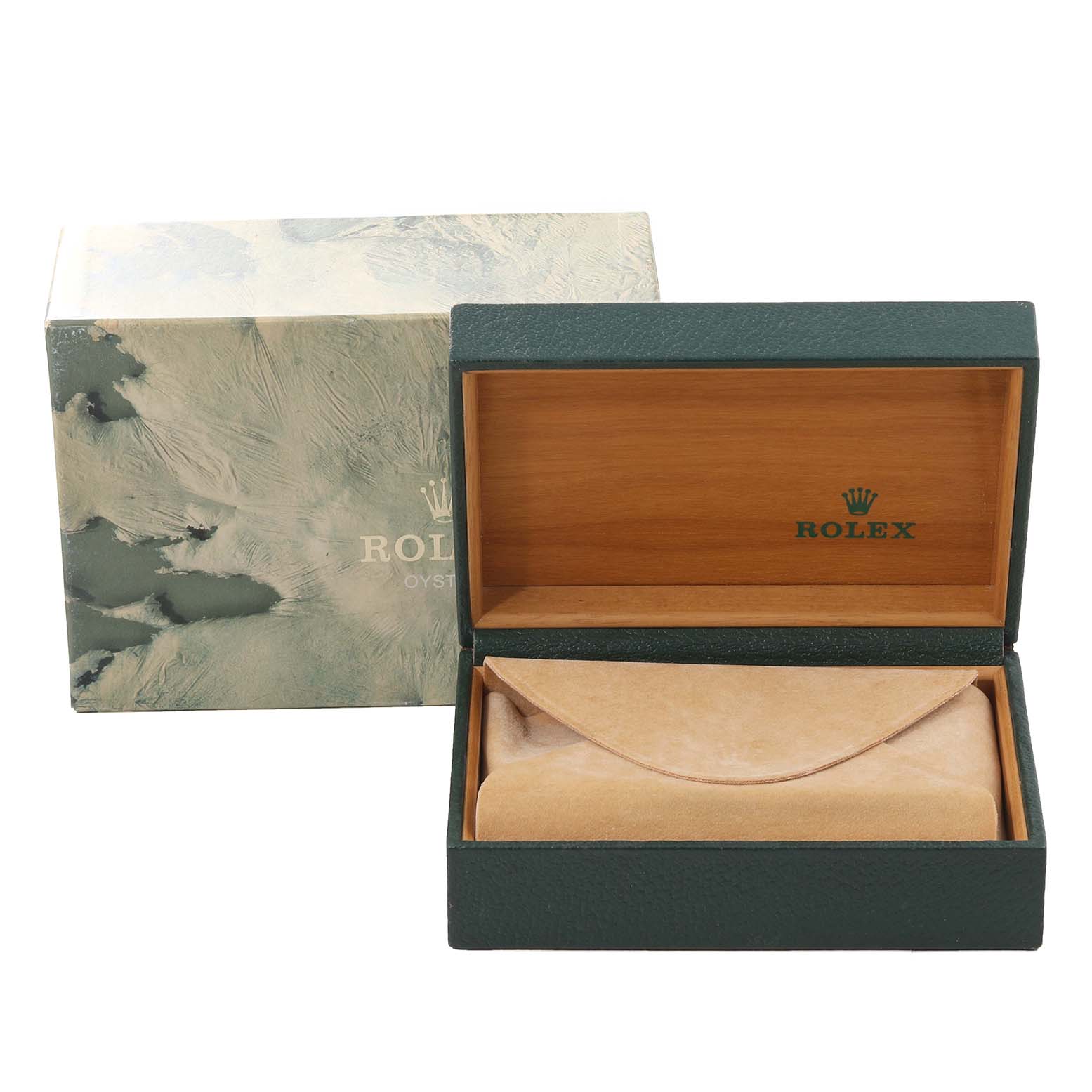 The image shows an empty Rolex Date 15000 Men's Stainless Steel Silver Dial 15000 Men's Stainless Steel Silver Dial model green and beige watch box with a matching outer packaging.