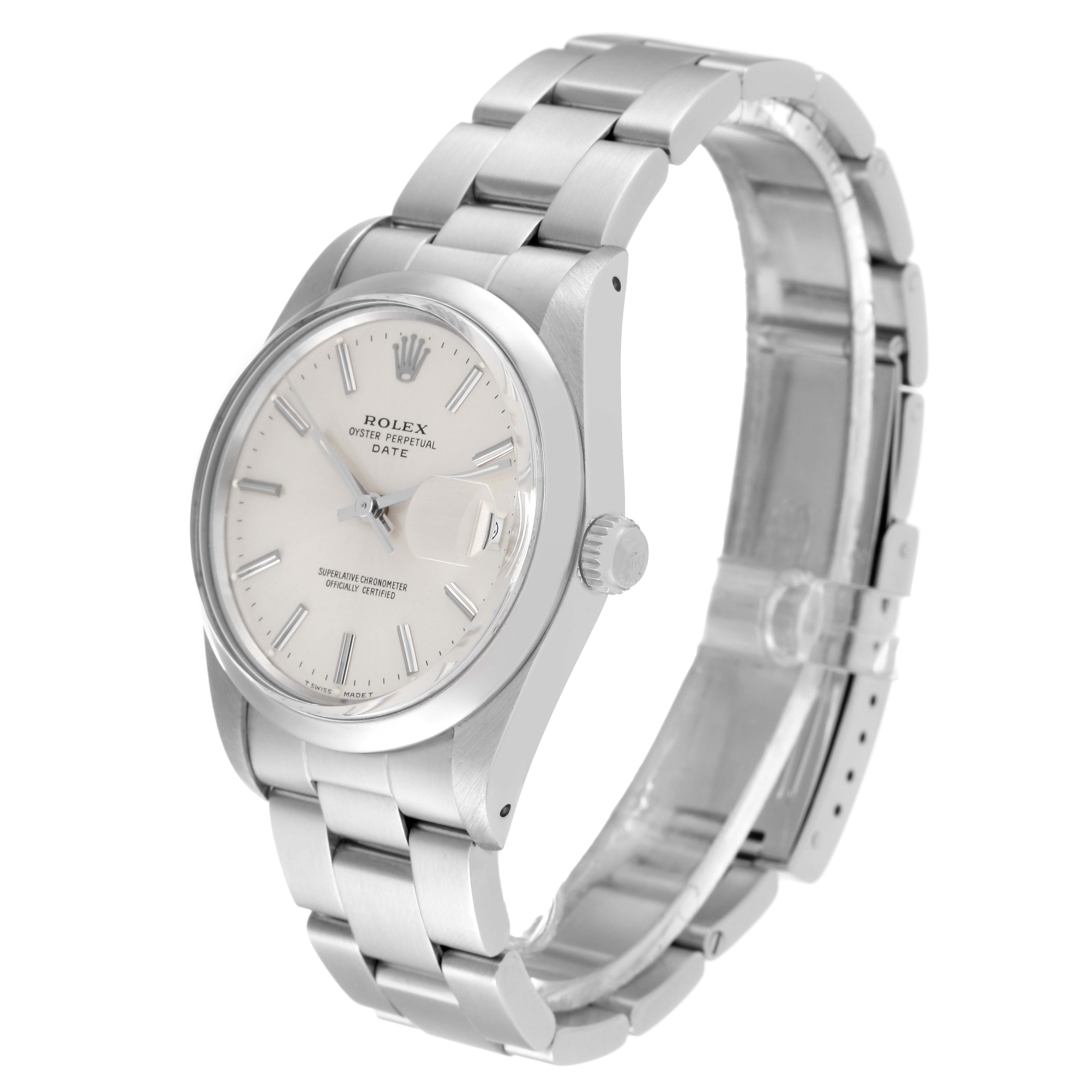 This image shows a Rolex Date 15000 Men's Stainless Steel Silver Dial 15000 Men's Stainless Steel Silver Dial model watch at a three-quarter angle, highlighting the dial, bezel, bracelet, and crown.