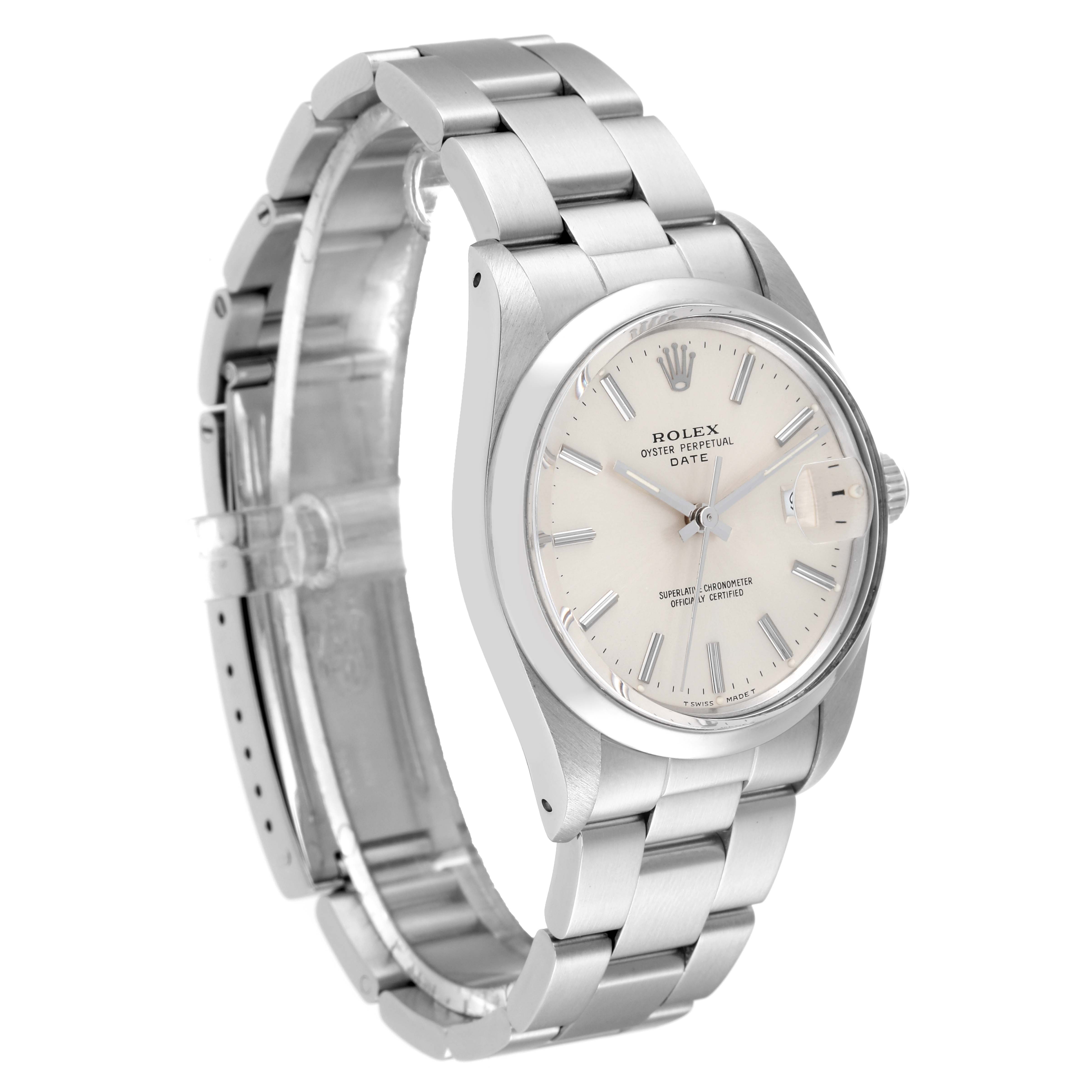 This image shows a Rolex Date 15000 Men's Stainless Steel Silver Dial 15000 Men's Stainless Steel Silver Dial model watch from a three-quarter angle, highlighting the face, bracelet, and crown.