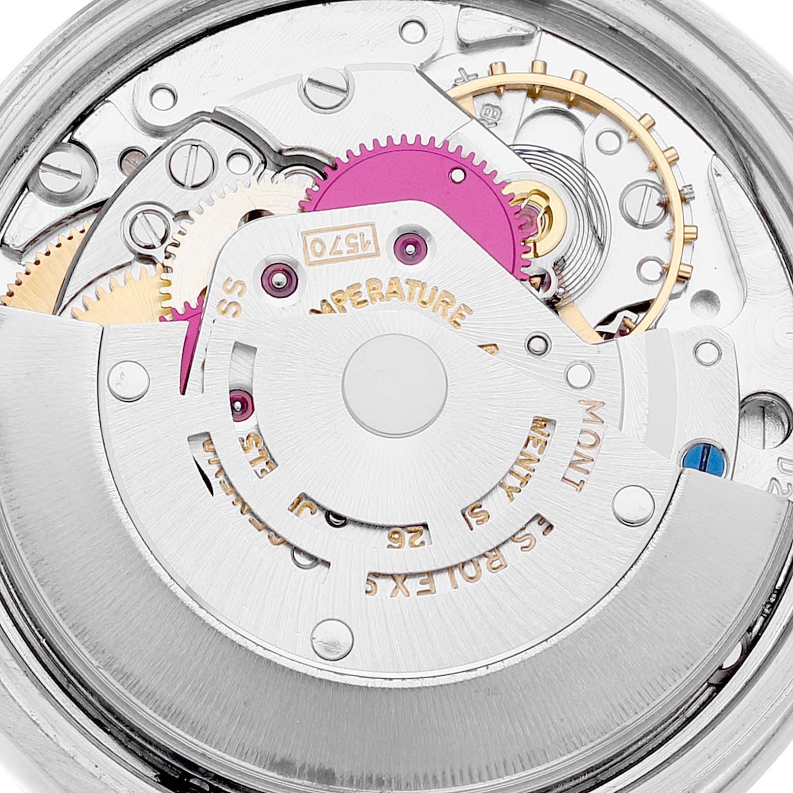 This image shows a close-up view of the exposed internal mechanism of a Rolex Vintage Collection 1501 Men's Stainless Steel Silver Dial 1501 Men's Stainless Steel Silver Dial watch.