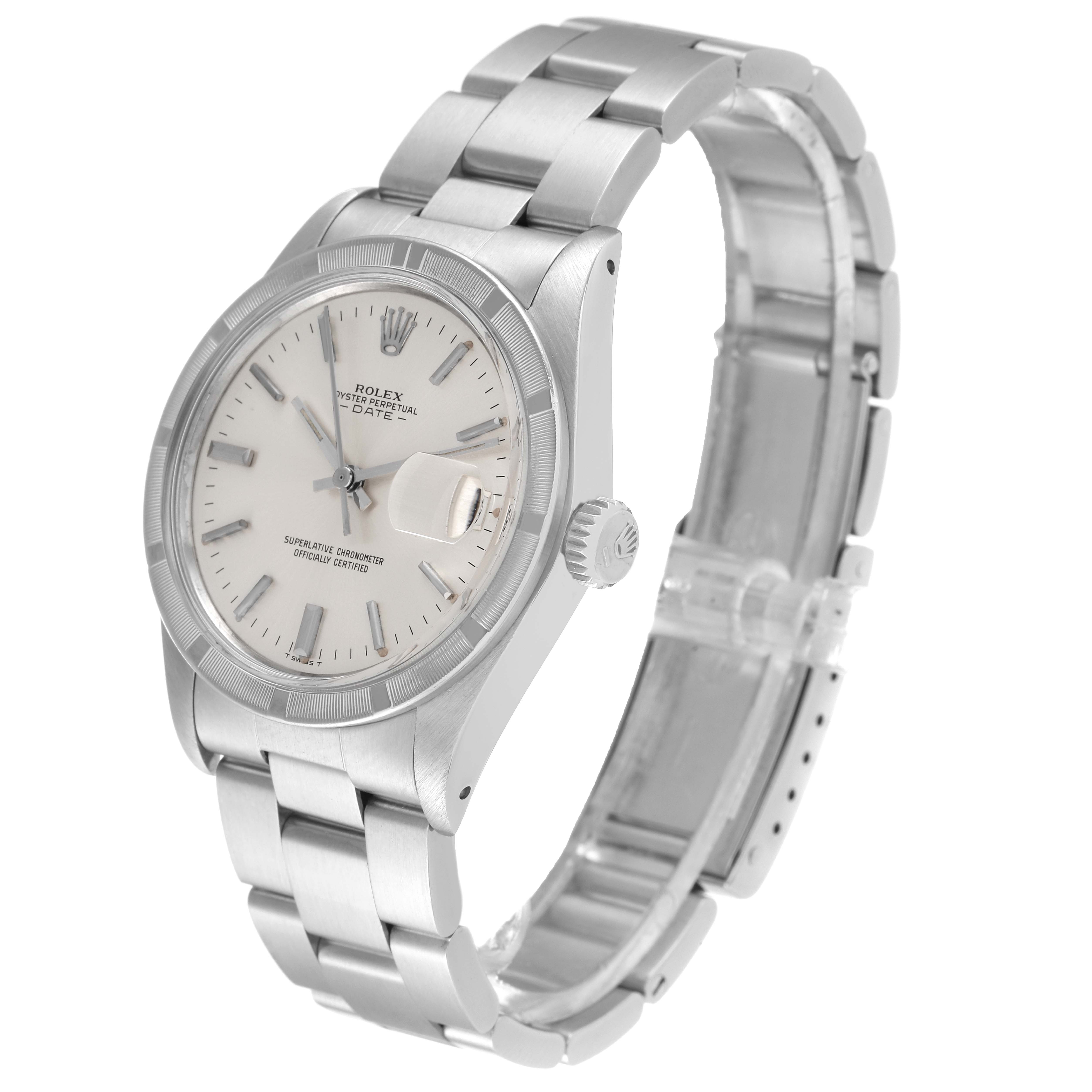 This image shows a Rolex Vintage Collection 1501 Men's Stainless Steel Silver Dial 1501 Men's Stainless Steel Silver Dial model watch at a three-quarter angle, highlighting its face, bezel, crown, and bracelet.