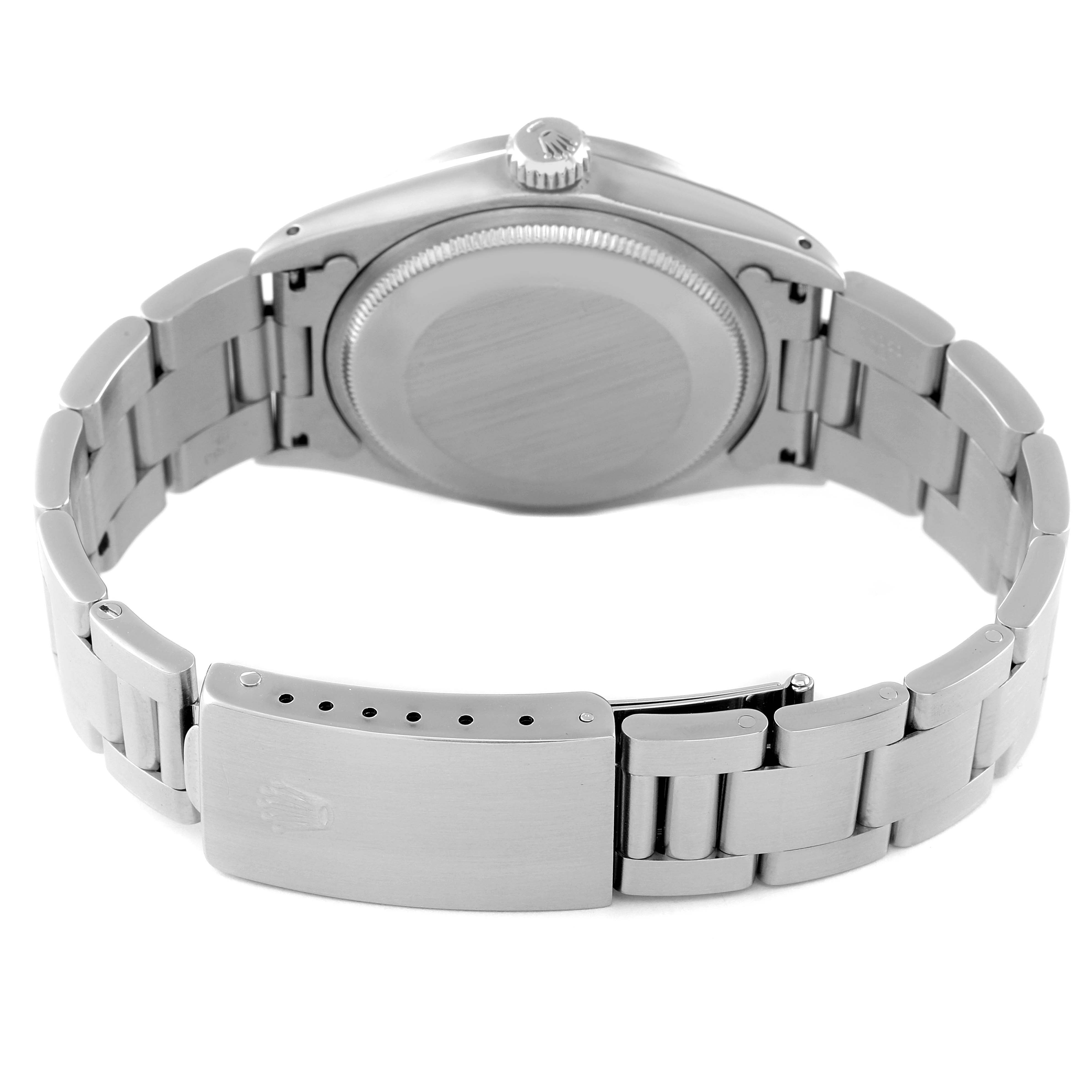 This image shows the back and adjustable clasp of a Rolex Vintage Collection 1501 Men's Stainless Steel Silver Dial 1501 Men's Stainless Steel Silver Dial watch from a rear angle.