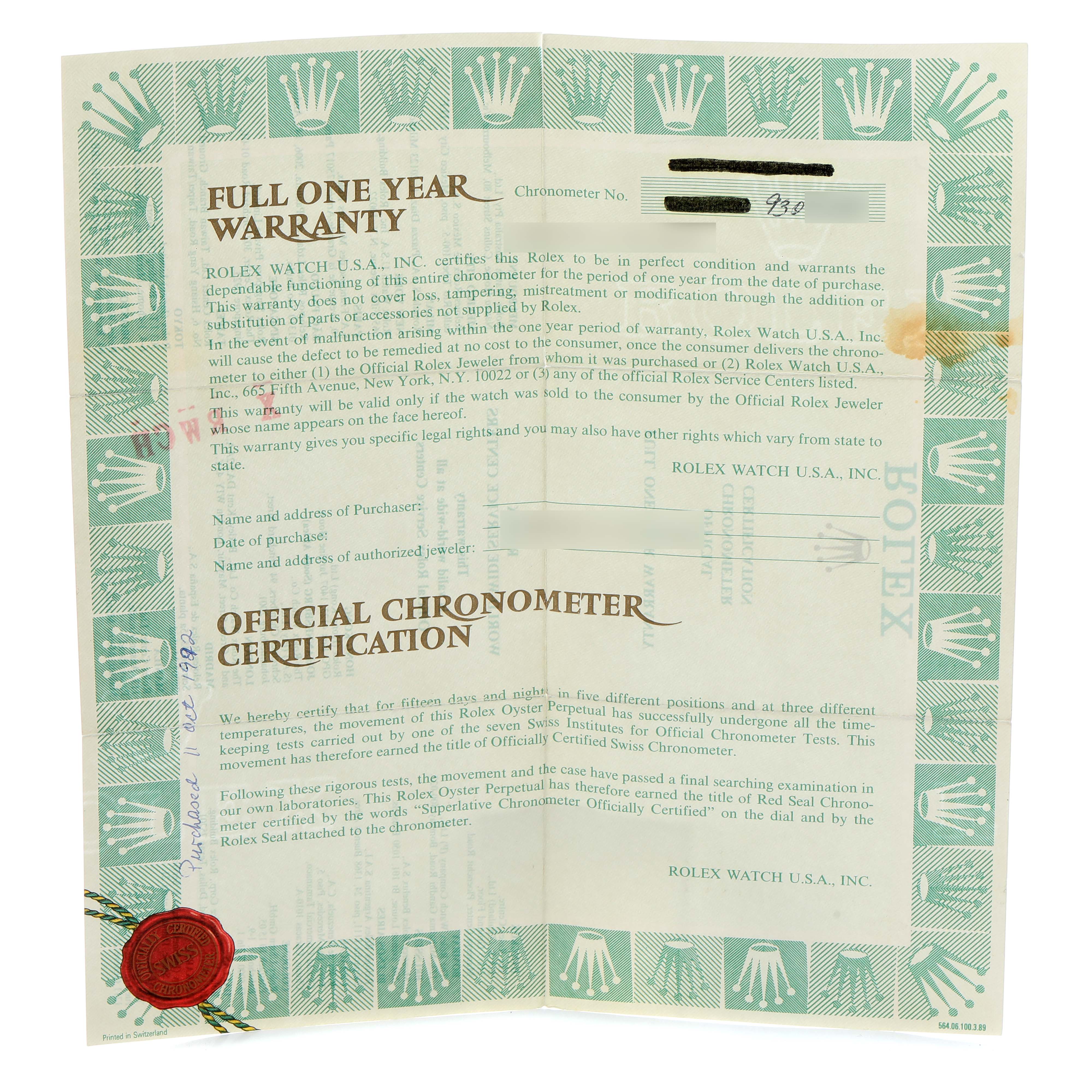 The image shows a full warranty and official chronometer certification for a Rolex Date 69160 Women
s Stainless Steel White Dial model watch.