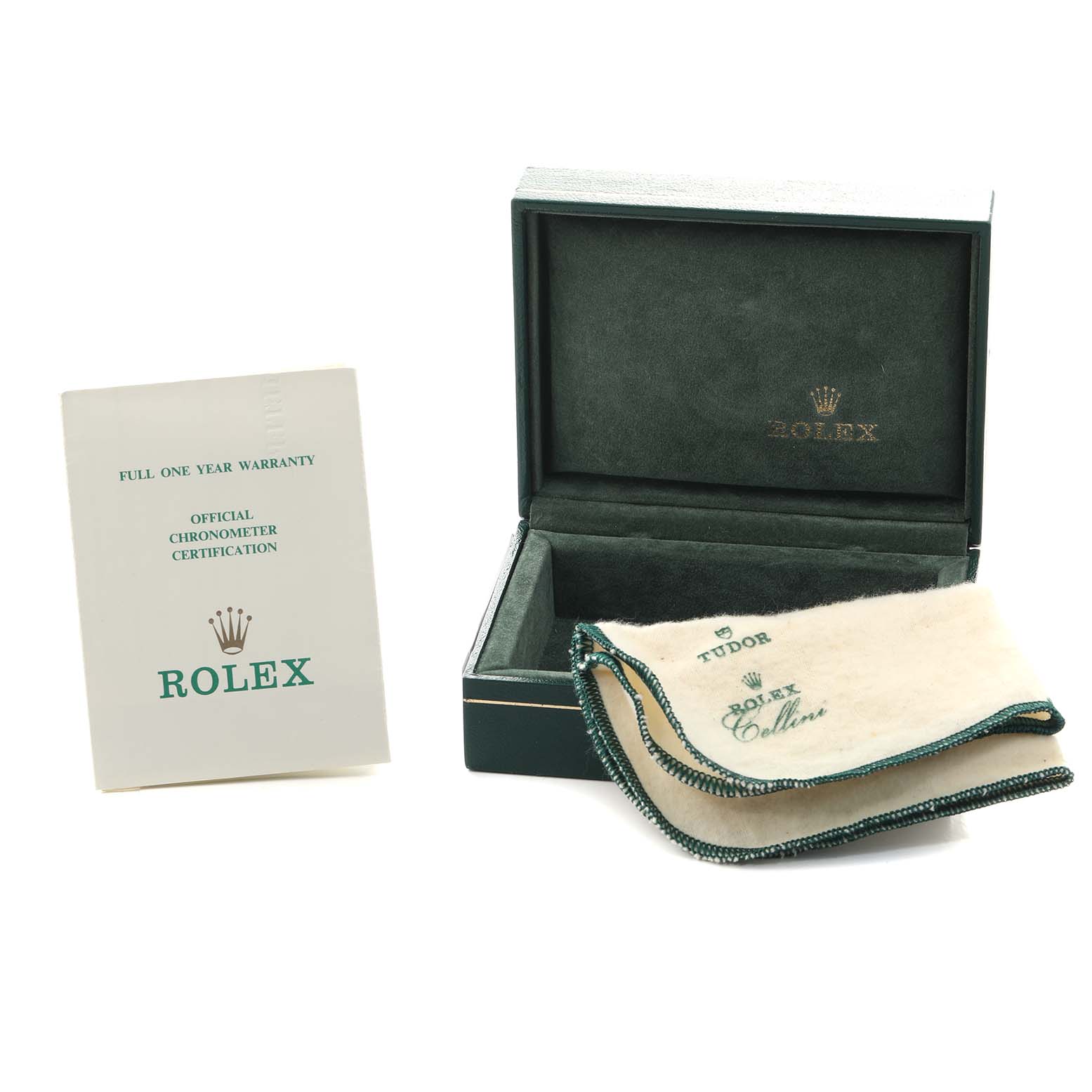 The image shows a Rolex Date 69160 Women
s Stainless Steel White Dial model
s open box, cleaning cloths, and warranty card.