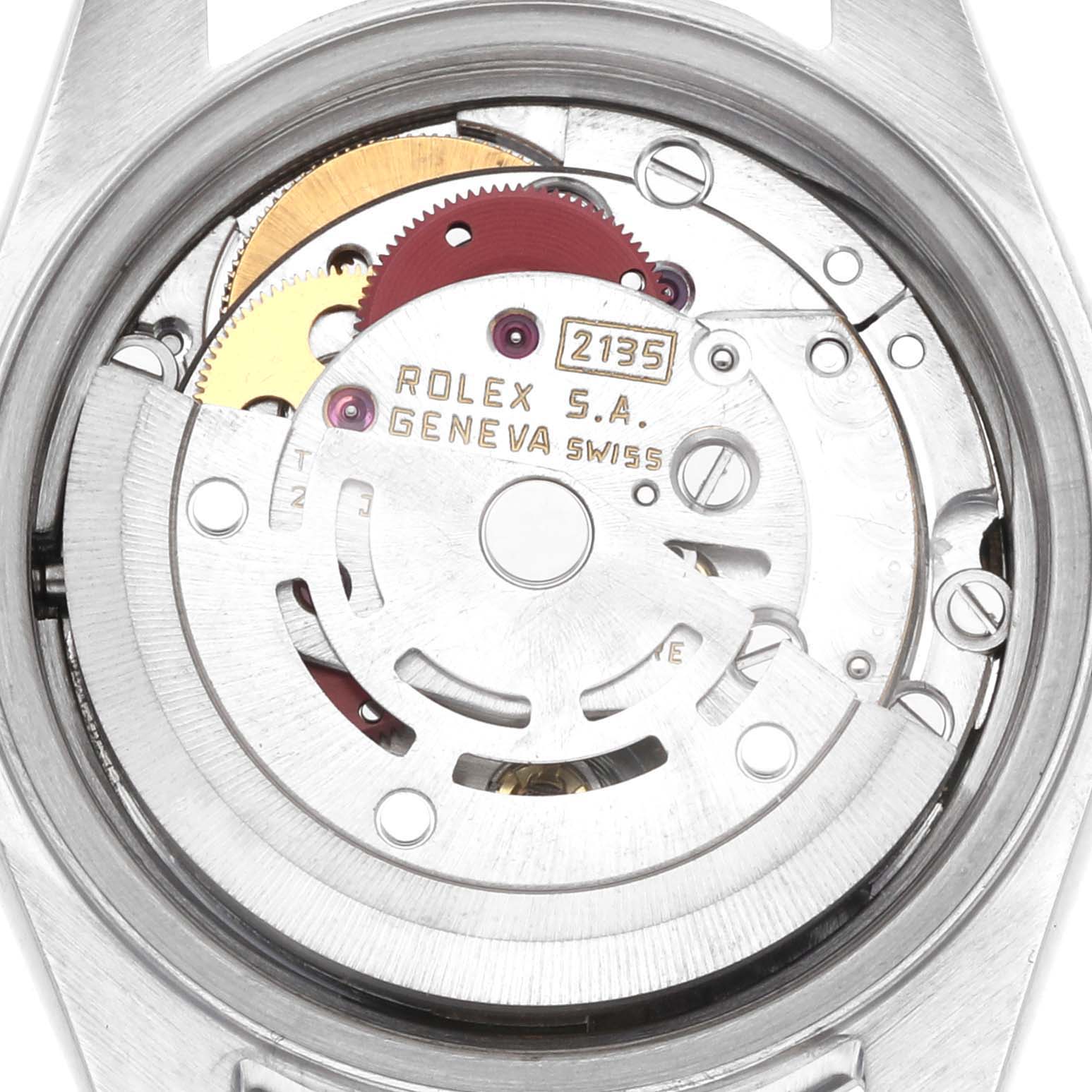 The image shows a close-up of the Rolex Date 69160 Women
s Stainless Steel White Dial watch movement, highlighting the gears and the oscillating weight.