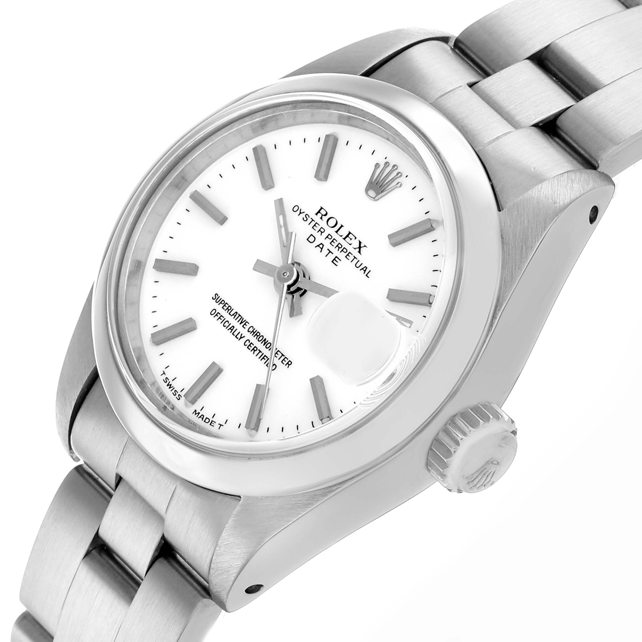 The Rolex Date 69160 Women
s Stainless Steel White Dial watch is shown at a three-quarter angle, displaying the dial, crown, and bracelet.