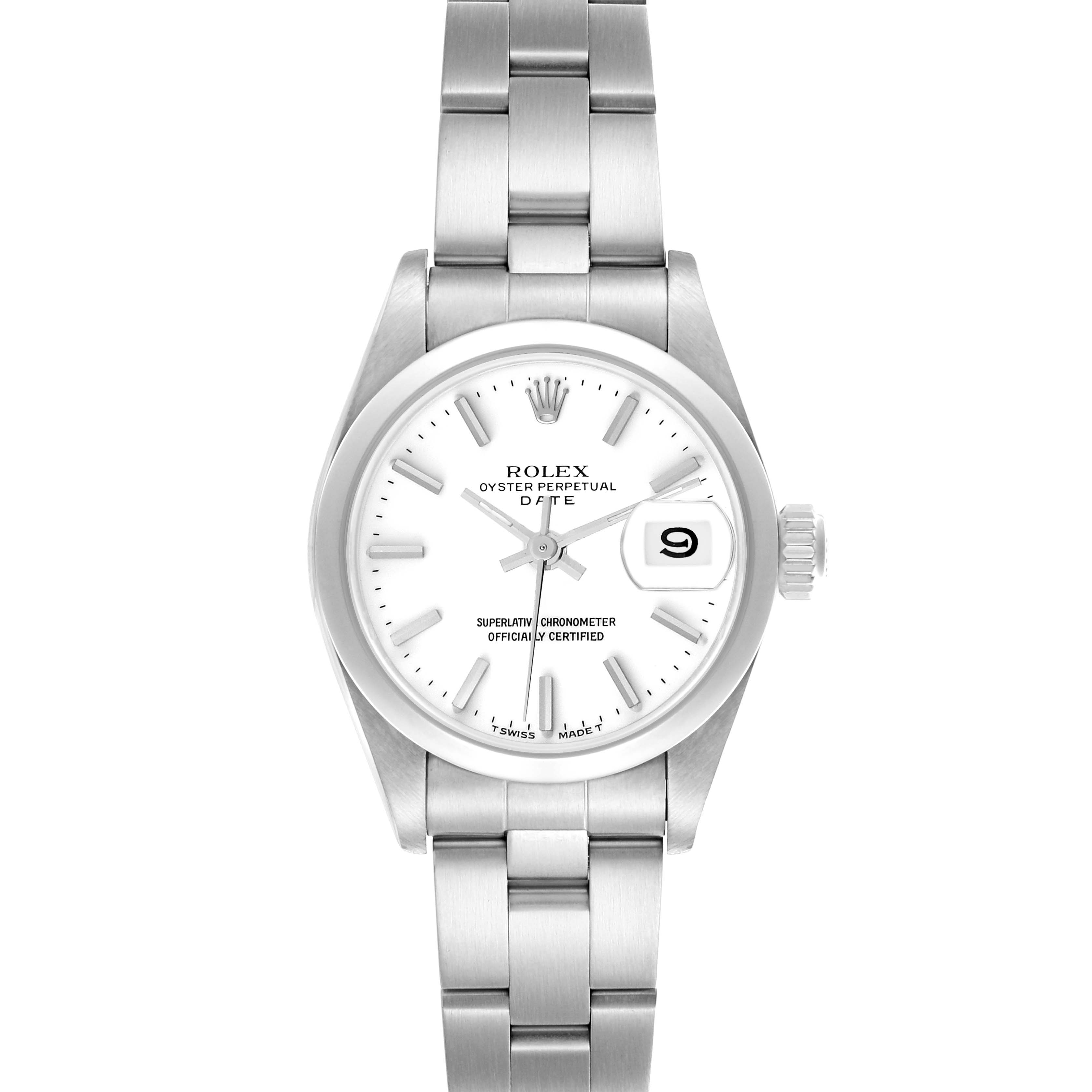 The image shows a Rolex Date 69160 Women
s Stainless Steel White Dial watch from a frontal angle, displaying the dial, bezel, bracelet, and date window.