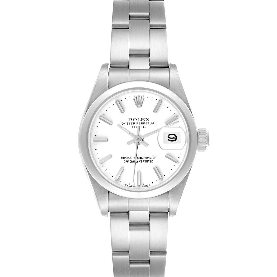 The image shows a Rolex Date 69160 Women's Stainless Steel White Dial watch from a frontal angle, displaying the dial, bezel, bracelet, and date window.