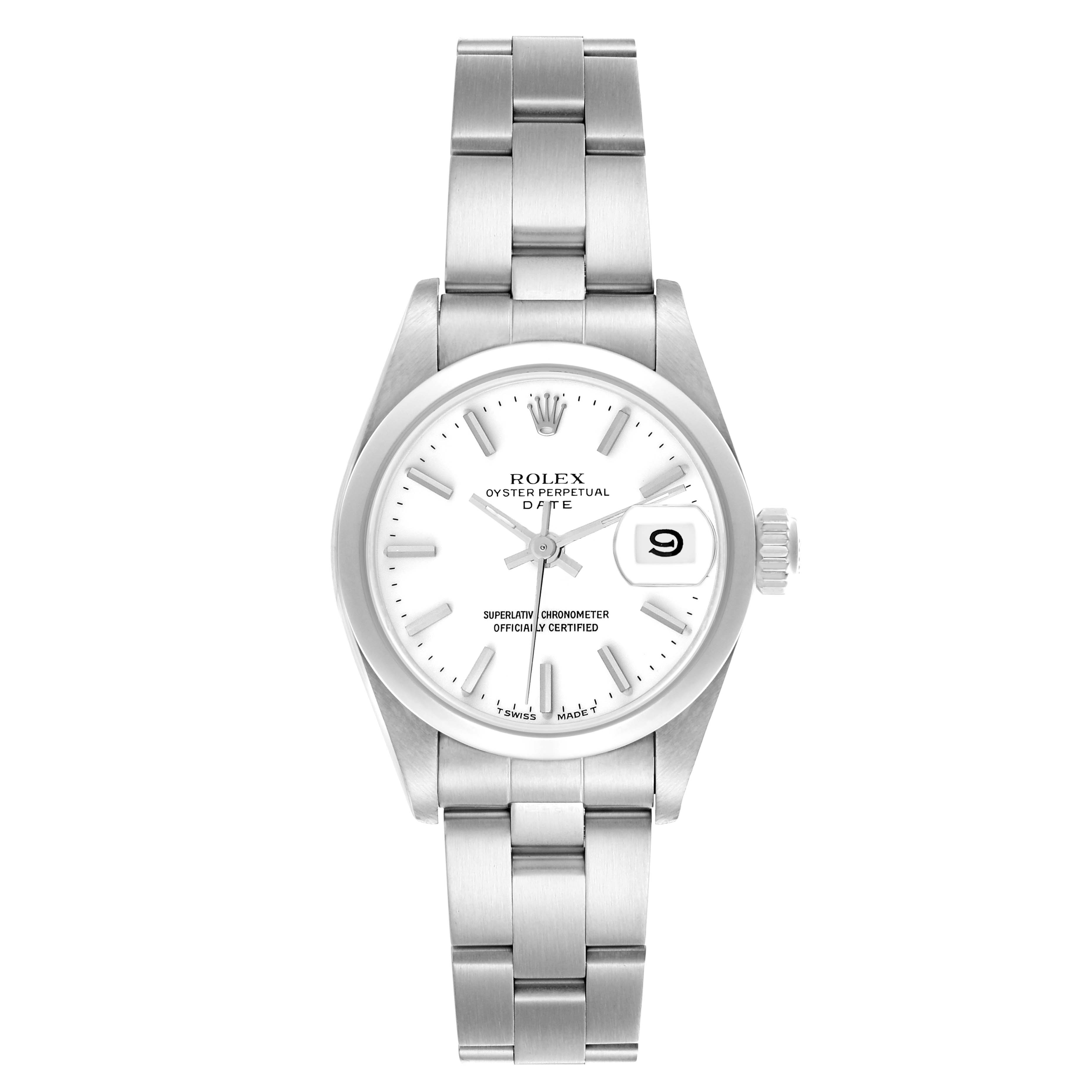 The Rolex Date 69160 Women
s Stainless Steel White Dial watch is shown from the front, highlighting its dial, date display, bracelet, and crown.