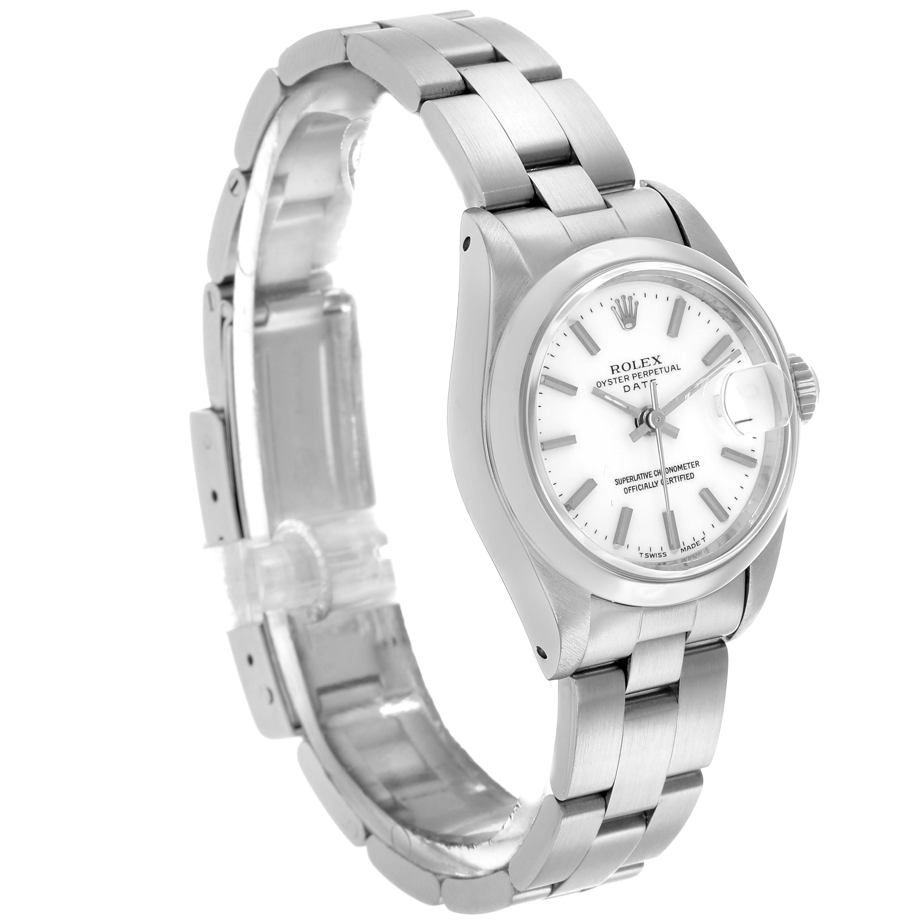 The Rolex Date 69160 Women
s Stainless Steel White Dial watch is shown at a three-quarter angle, displaying the face, bezel, and bracelet.