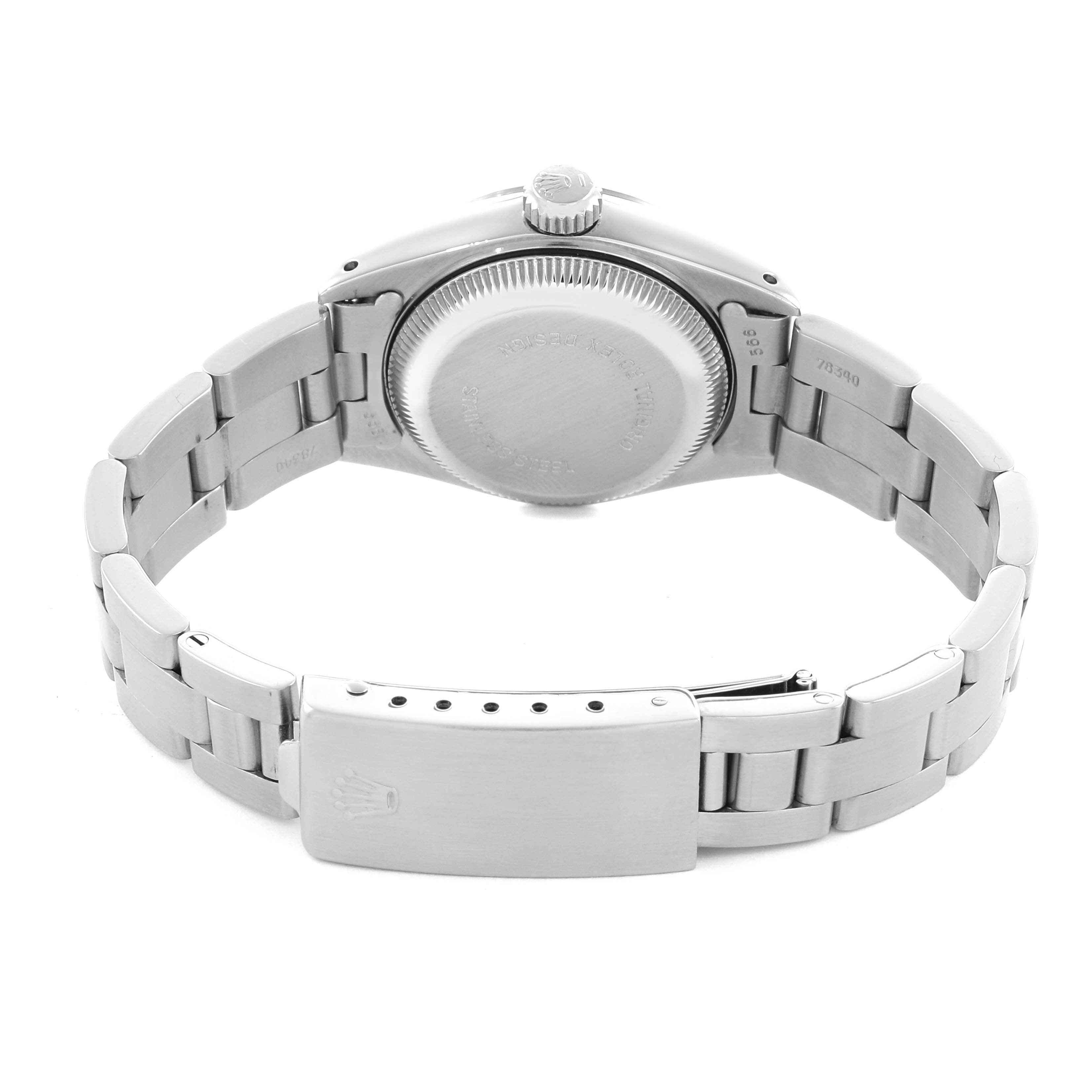 The Rolex Date 69160 Women
s Stainless Steel White Dial watch is shown from the back, displaying the case back and part of the bracelet and clasp.