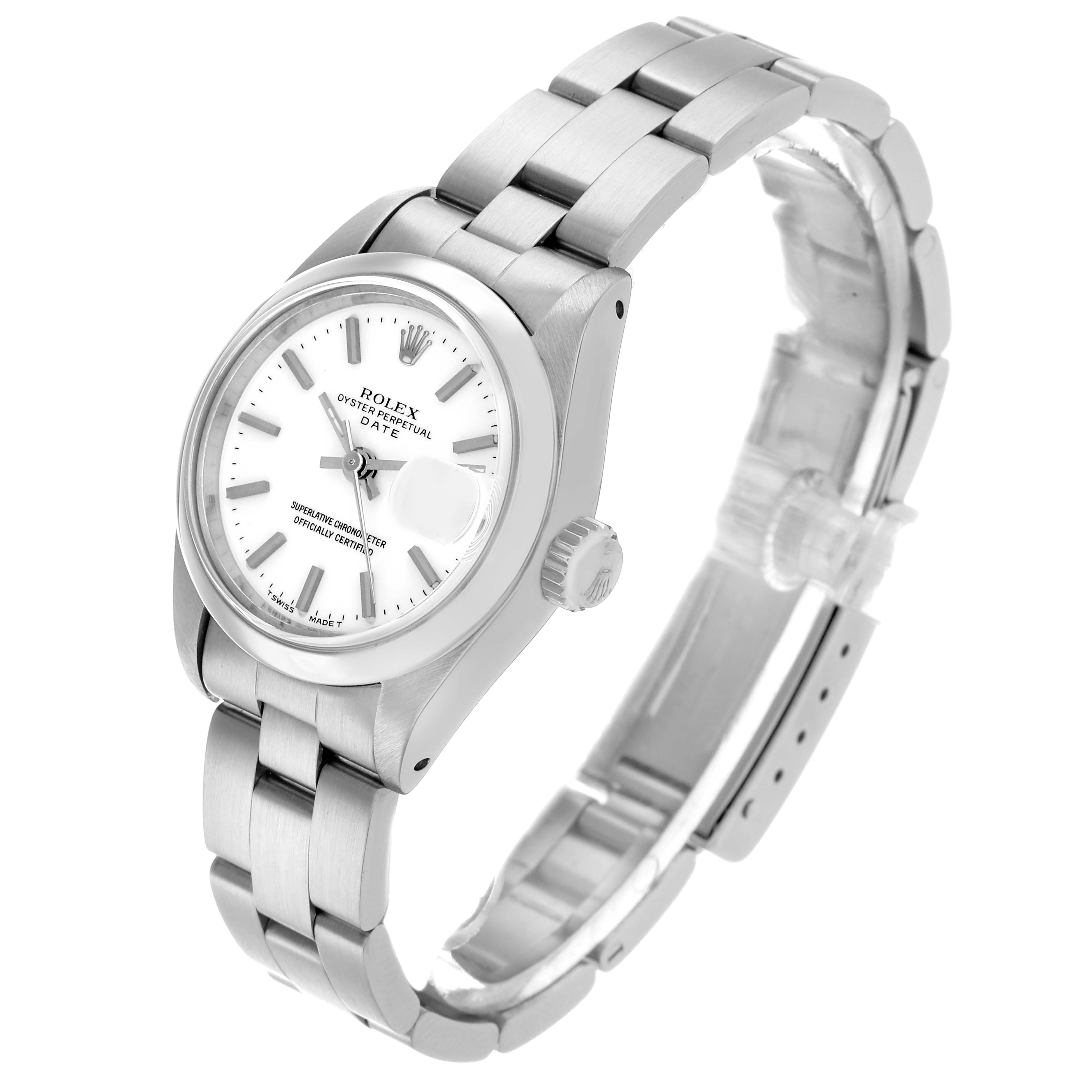 The Rolex Date 69160 Women
s Stainless Steel White Dial watch is shown at a three-quarter angle, displaying the face, bezel, crown, and bracelet.