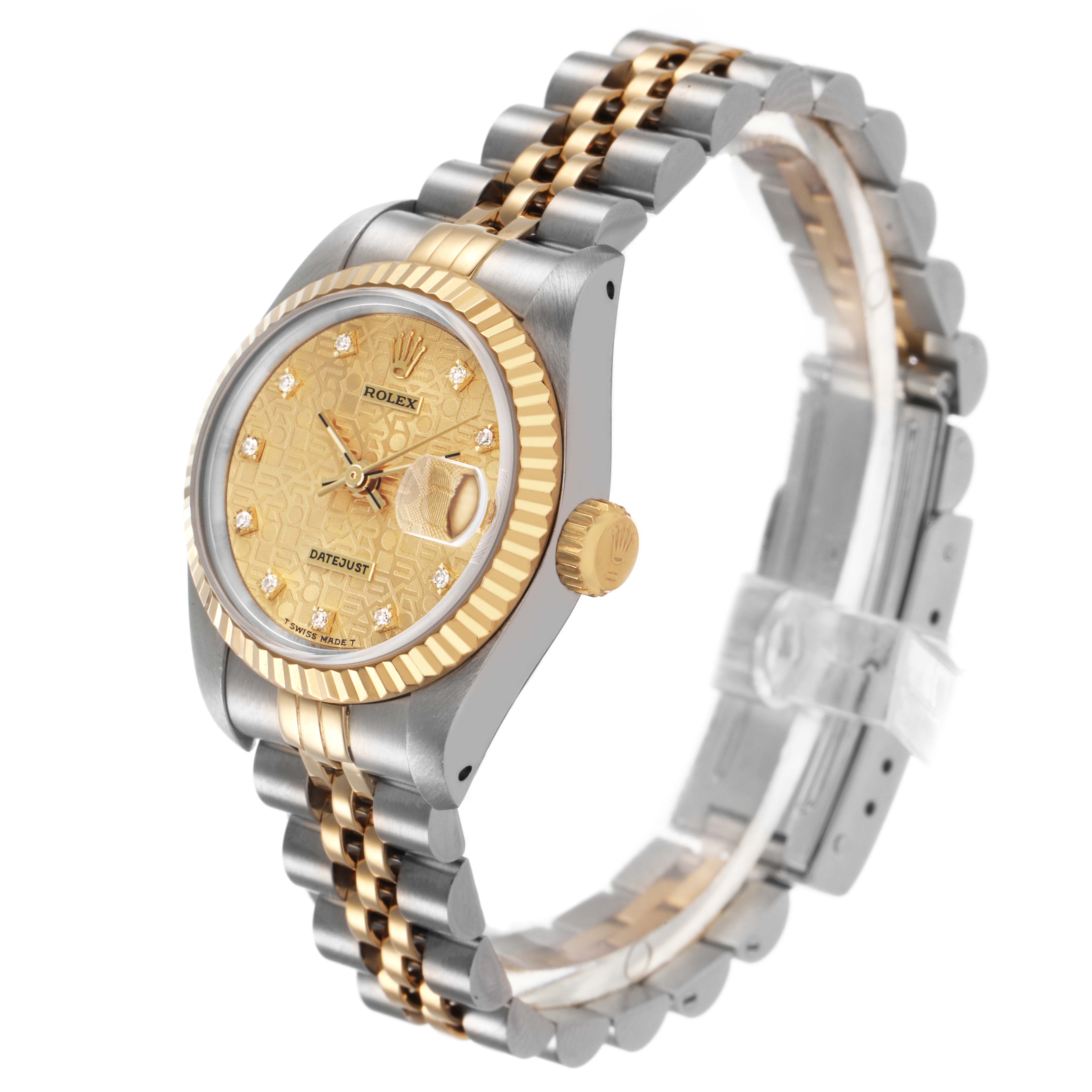 The Rolex Datejust 69173 Women's Steel and Gold (two tone) Champagne Dial watch is shown at a three-quarter angle, highlighting the face, bezel, crown, and jubilee bracelet.