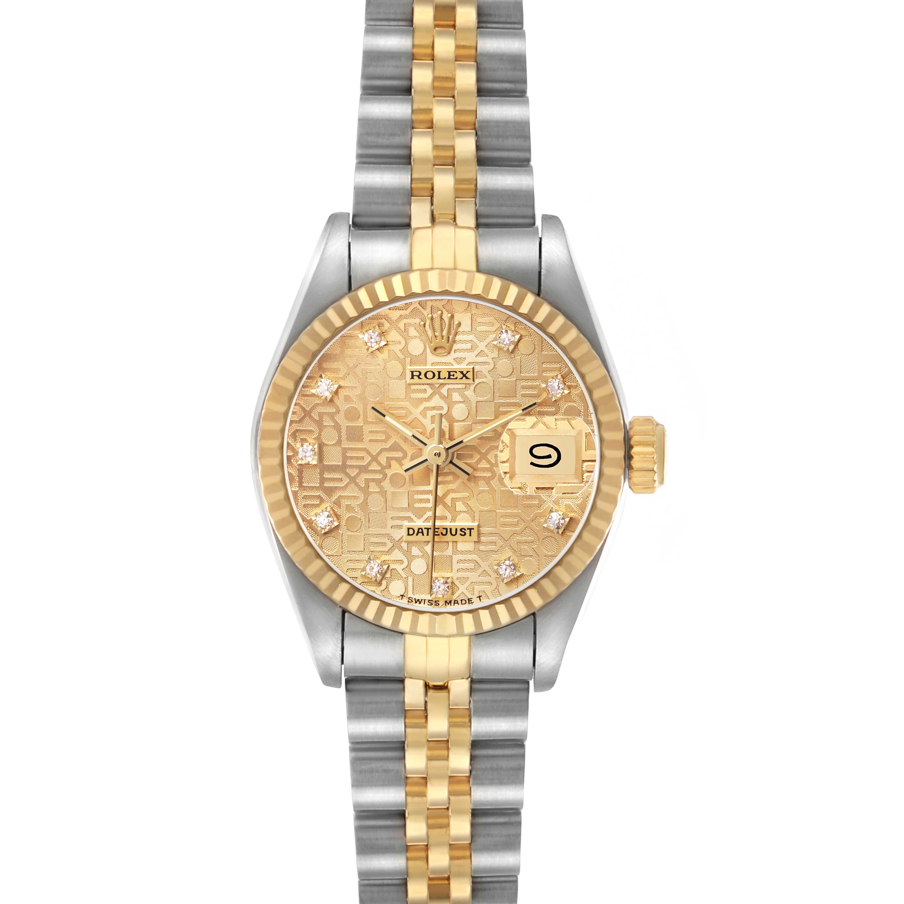 The Rolex Datejust 69173 Women's Steel and Gold (two tone) Champagne Dial watch is shown from the front, displaying the dial, bezel, crown, and bracelet.