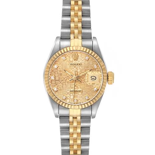 The Rolex Datejust 69173 Women's Steel and Gold (two tone) Champagne Dial watch is shown from a top-down angle, highlighting the gold and silver bracelet, fluted bezel, and dial details.