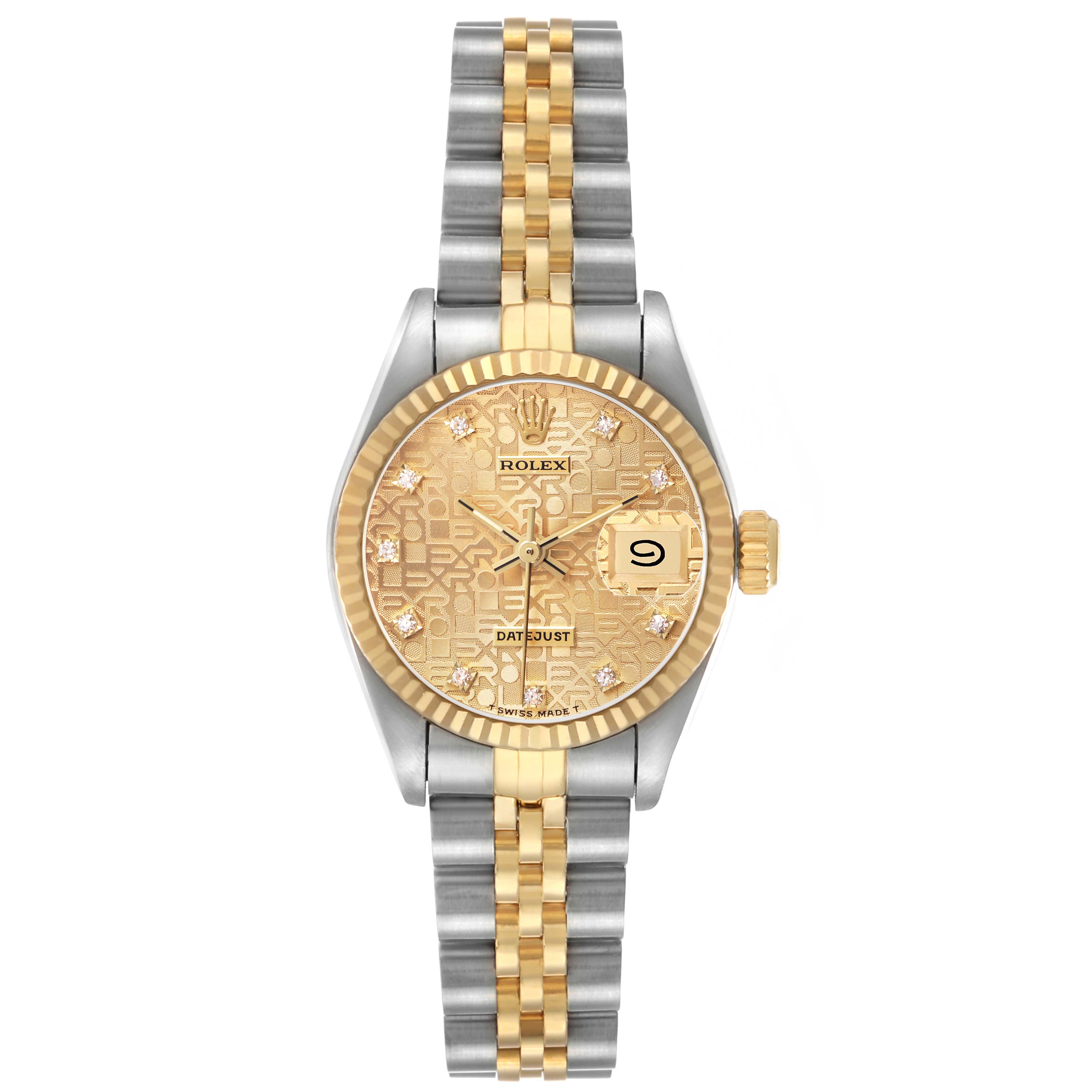 The Rolex Datejust 69173 Women's Steel and Gold (two tone) Champagne Dial watch is shown from the front, featuring its gold textured dial, fluted bezel, and two-tone bracelet.