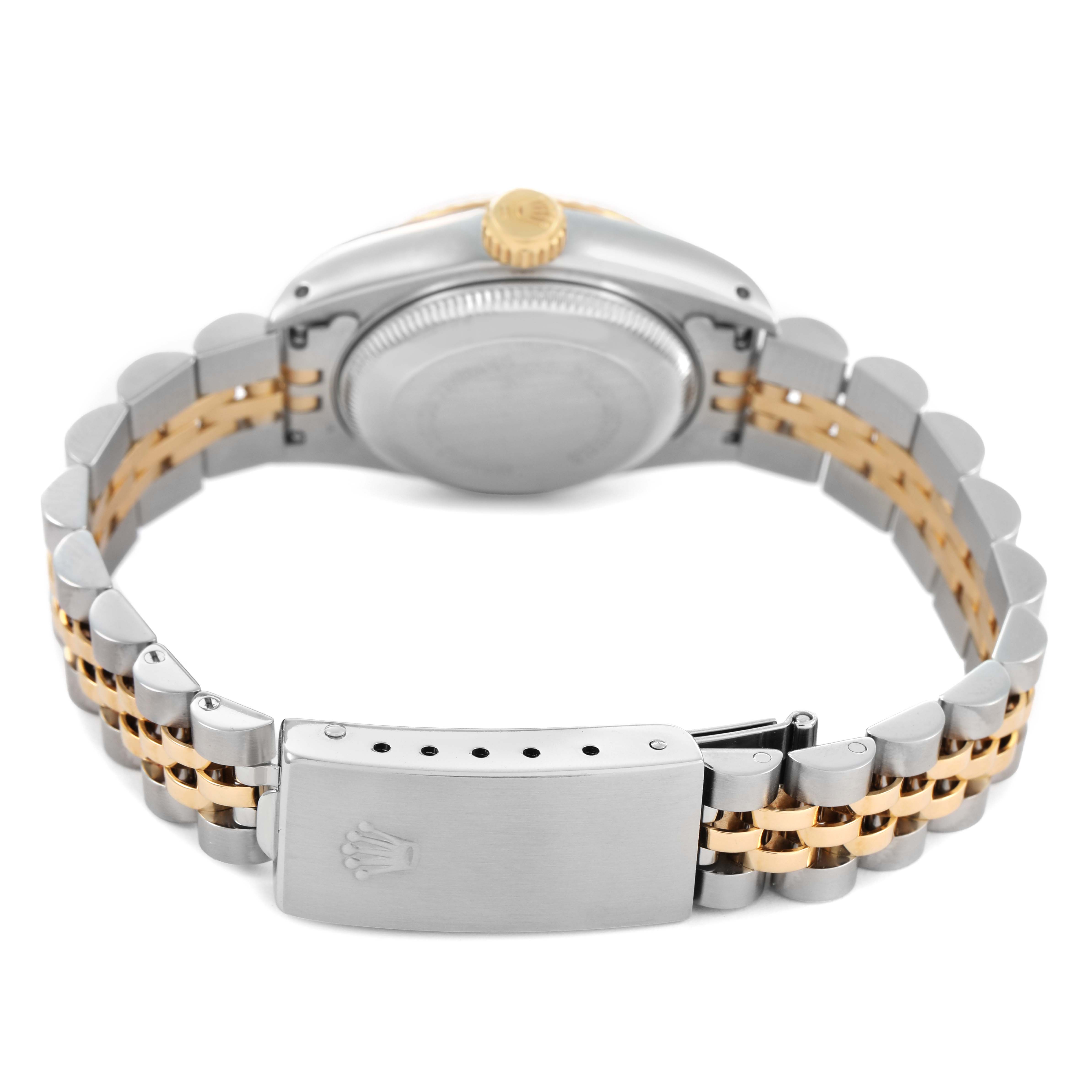The Rolex Datejust 69173 Women's Steel and Gold (two tone) Champagne Dial watch is shown from the back, focusing on its jubilee bracelet and clasp.