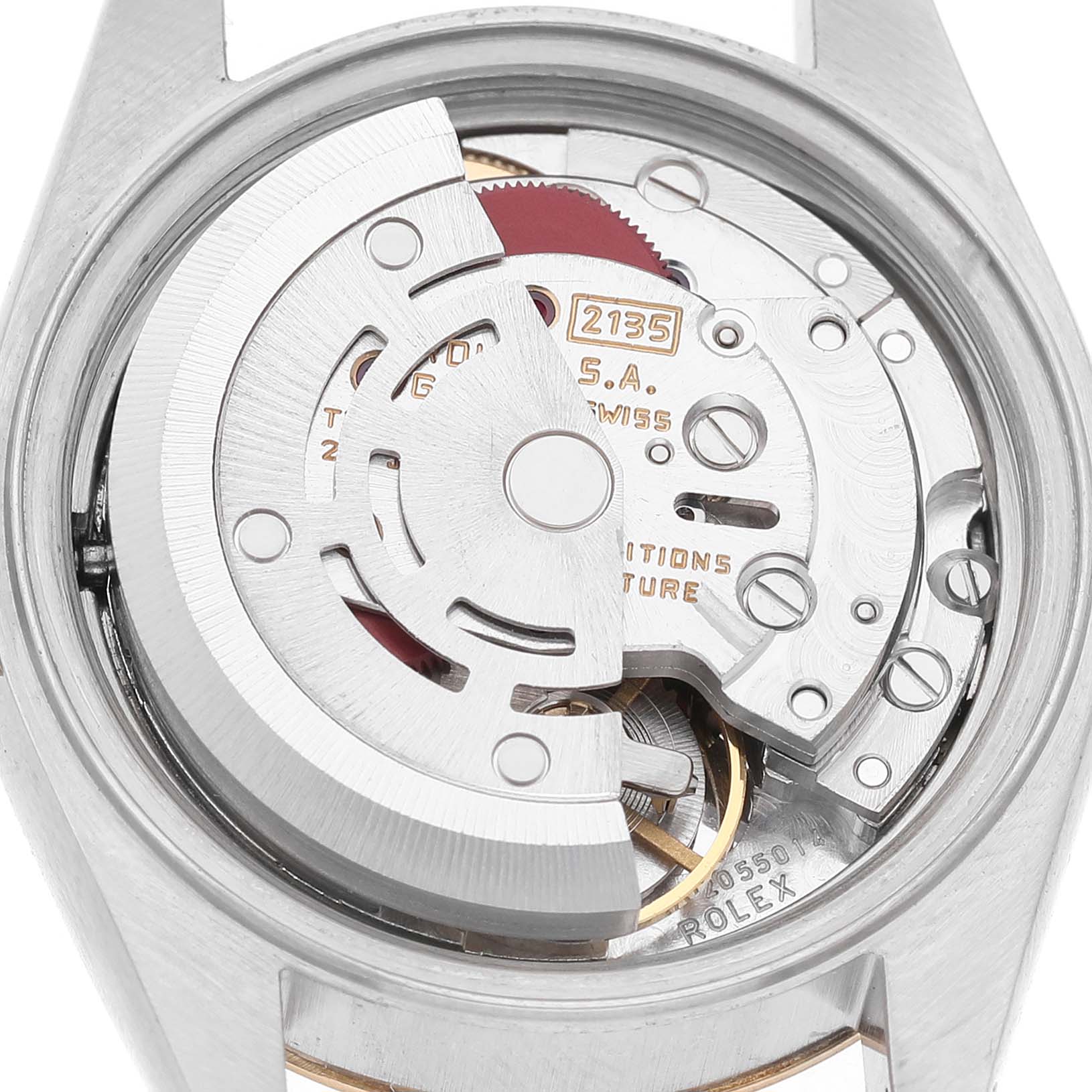 The image shows a Rolex Datejust 69173 Women's Steel and Gold (two tone) Champagne Dial watch movement from the back, highlighting the rotor and intricate mechanism.