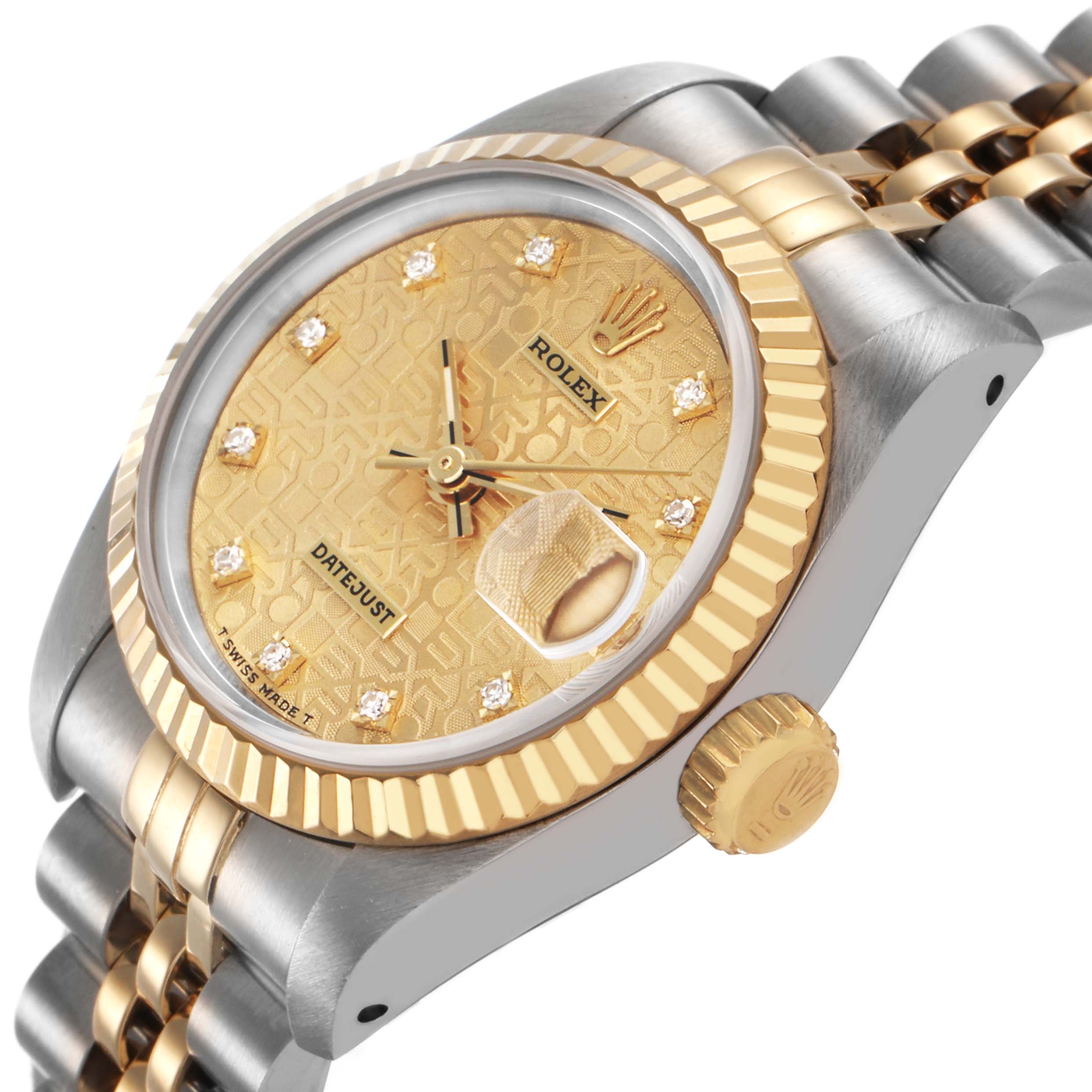 The Rolex Datejust 69173 Women's Steel and Gold (two tone) Champagne Dial watch is shown at an angled side view, highlighting the dial, bezel, crown, and part of the bracelet.