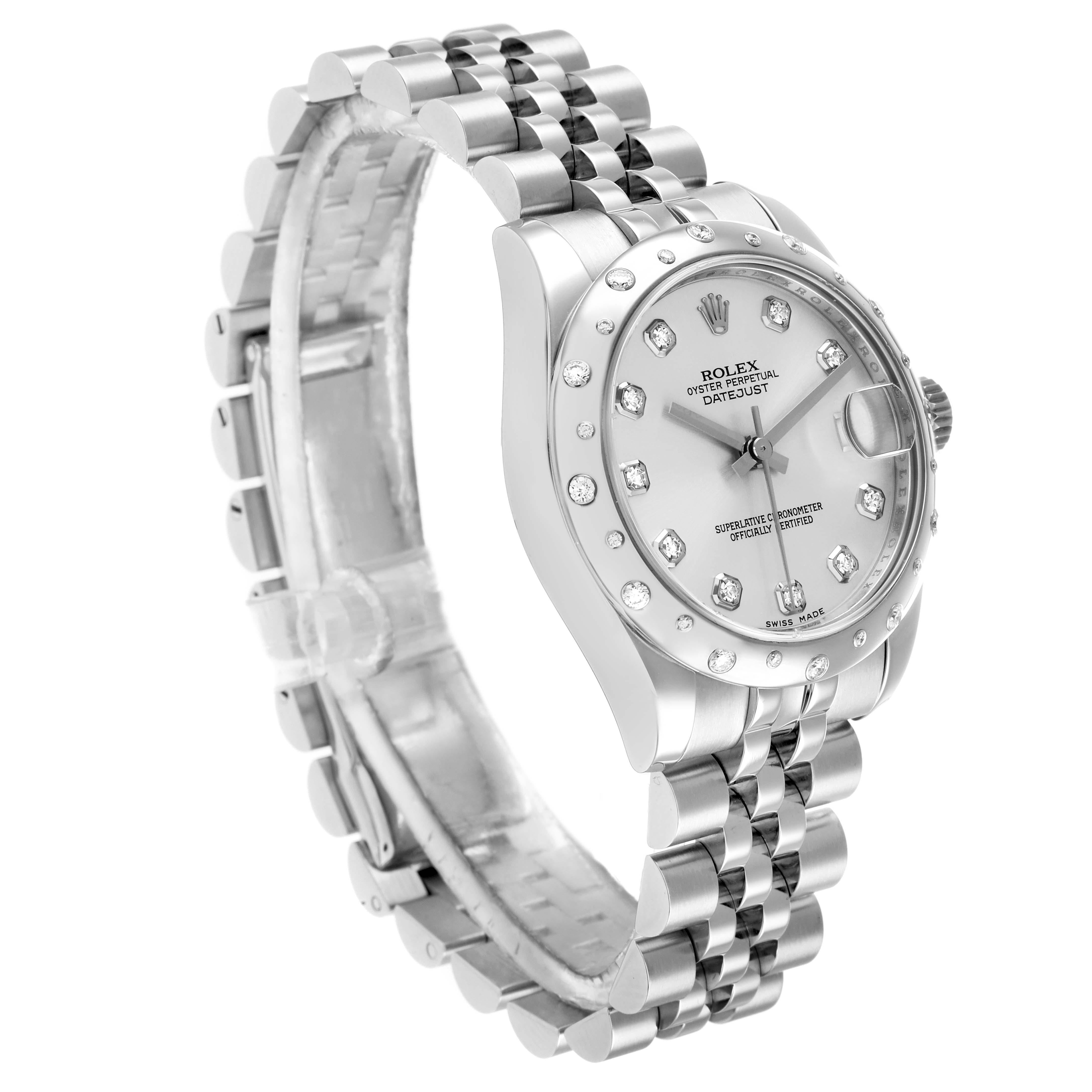 The Rolex Mid-Size 178344 Women
s Stainless Steel Silver Dial watch is shown in a three-quarter angle, displaying the face, bezel, crown, and Jubilee bracelet.