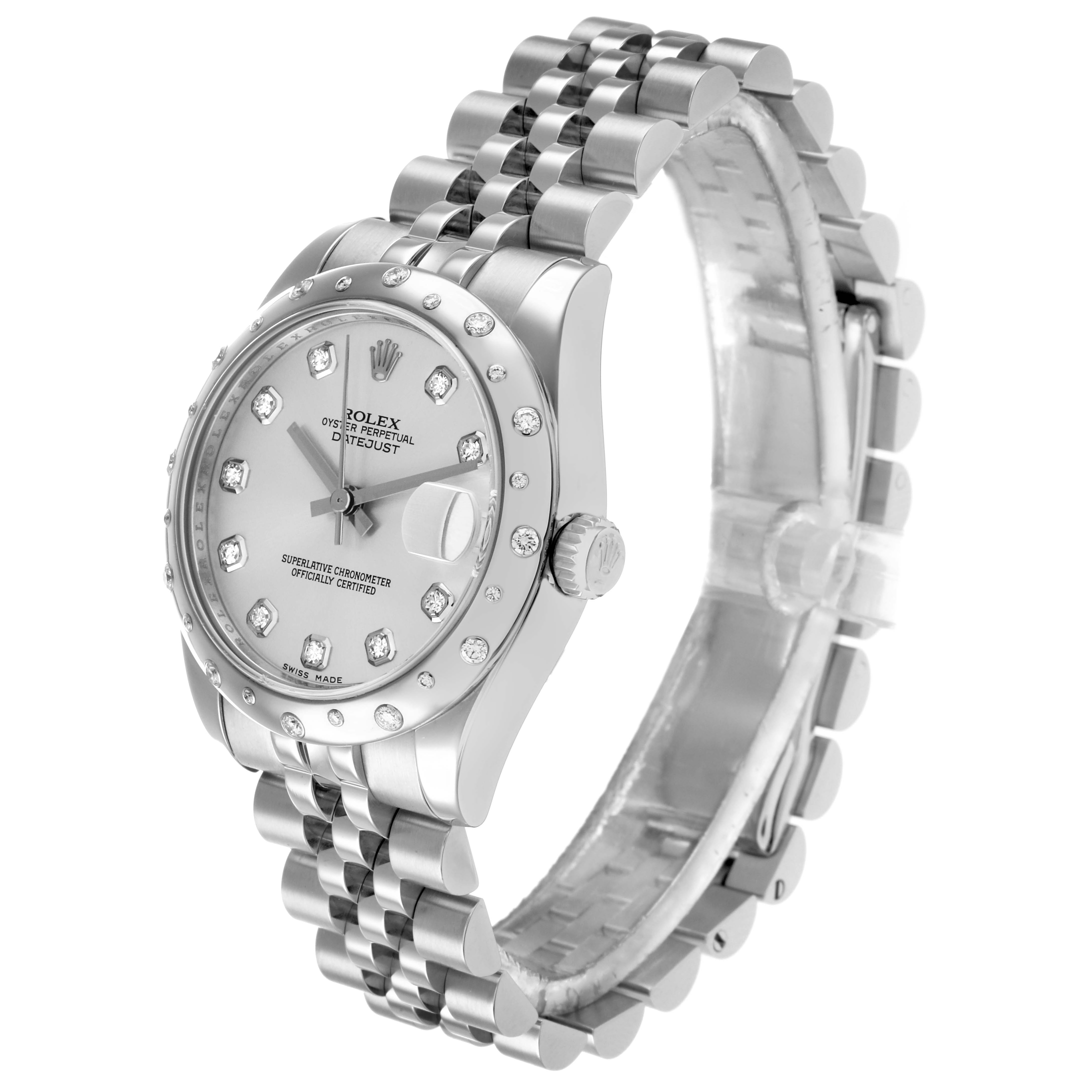 The Rolex Mid-Size 178344 Women
s Stainless Steel Silver Dial watch is shown at a 3/4 angle highlighting its face, bezel, crown, and bracelet.