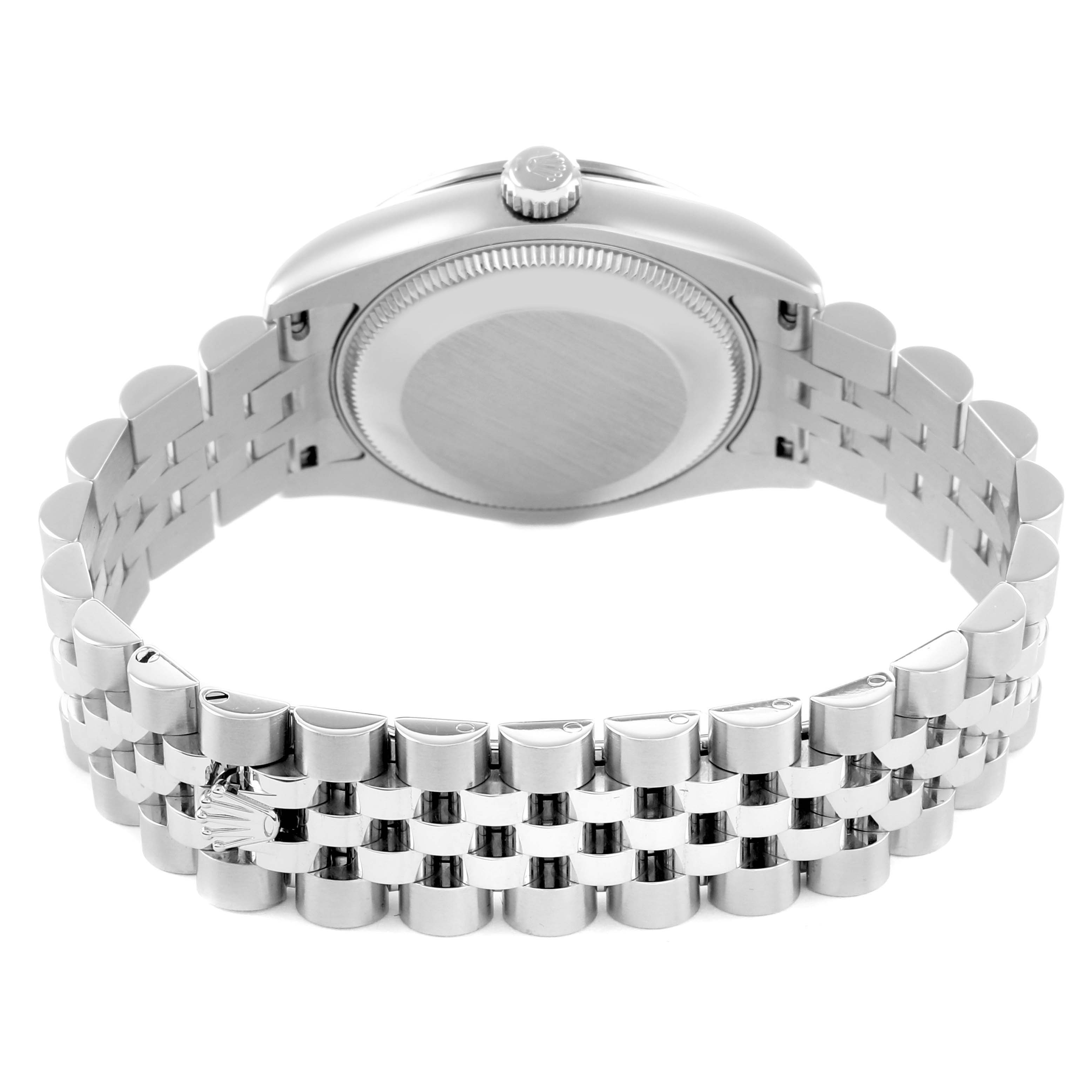 The image shows the back and bracelet of a Rolex Mid-Size 178344 Women
s Stainless Steel Silver Dial watch, viewed from a rear angle.